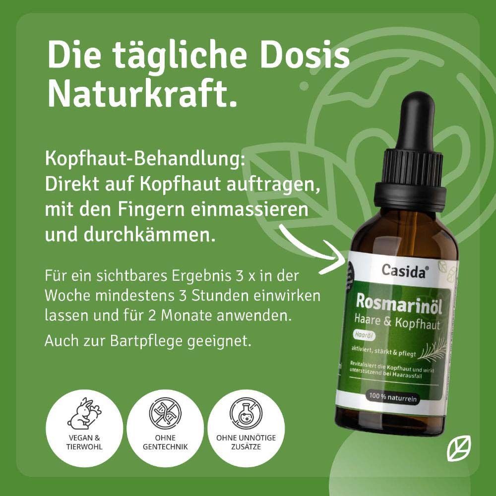 Casida Rozemarijnolie voor haar & hoofdhuid in bruine glazen fles met druppelaar. Vegan, GGO-vrij.