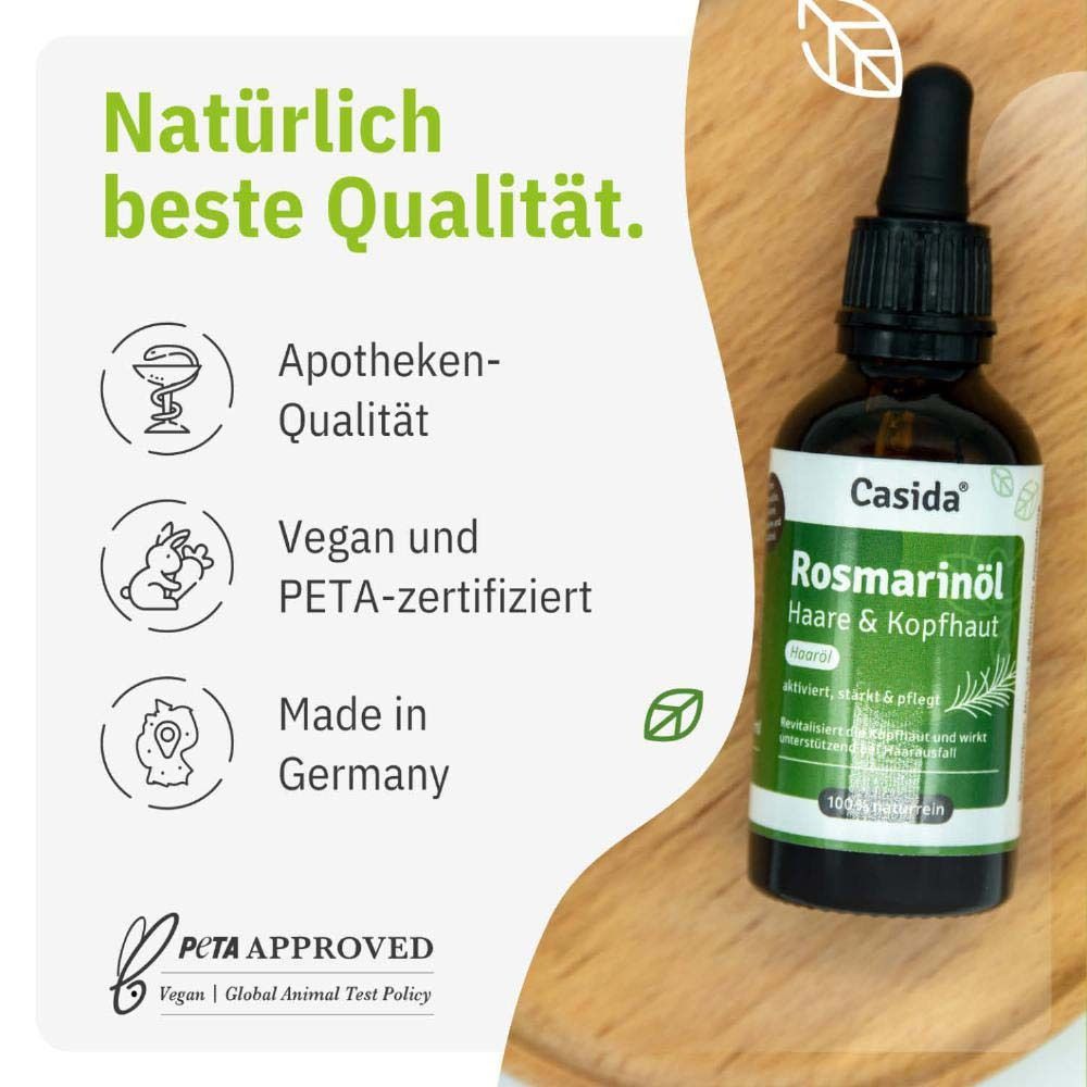 Casida Rozemarijnolie voor haar & hoofdhuid in donkere glazen fles met druppelaar. "Natuurlijk de beste kwaliteit."