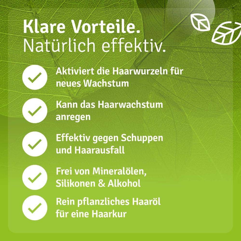 Duidelijke voordelen. Natuurlijk effectief. Activeert haarwortels, stimuleert groei, tegen roos/haaruitval. Vrij van minerale oliën, siliconen, alcohol. Puur plantaardige haarolie.