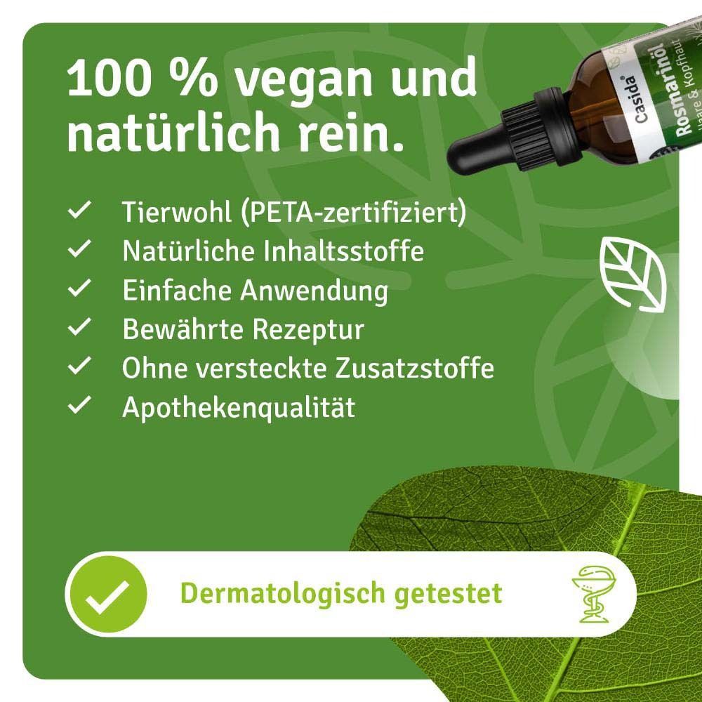 Bruine druppelfles met pipet, Casida Rozemarijnolie. 100% vegan, puur natuur, PETA-gecertificeerd, dermatologisch getest.