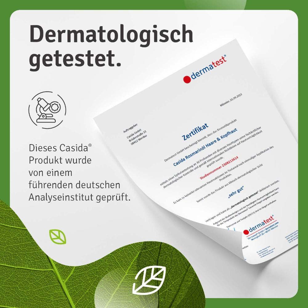 Dermatologisch getest: Certificaat van dermatest voor Casida Rozemarijnolie Haar & Hoofdhuid.