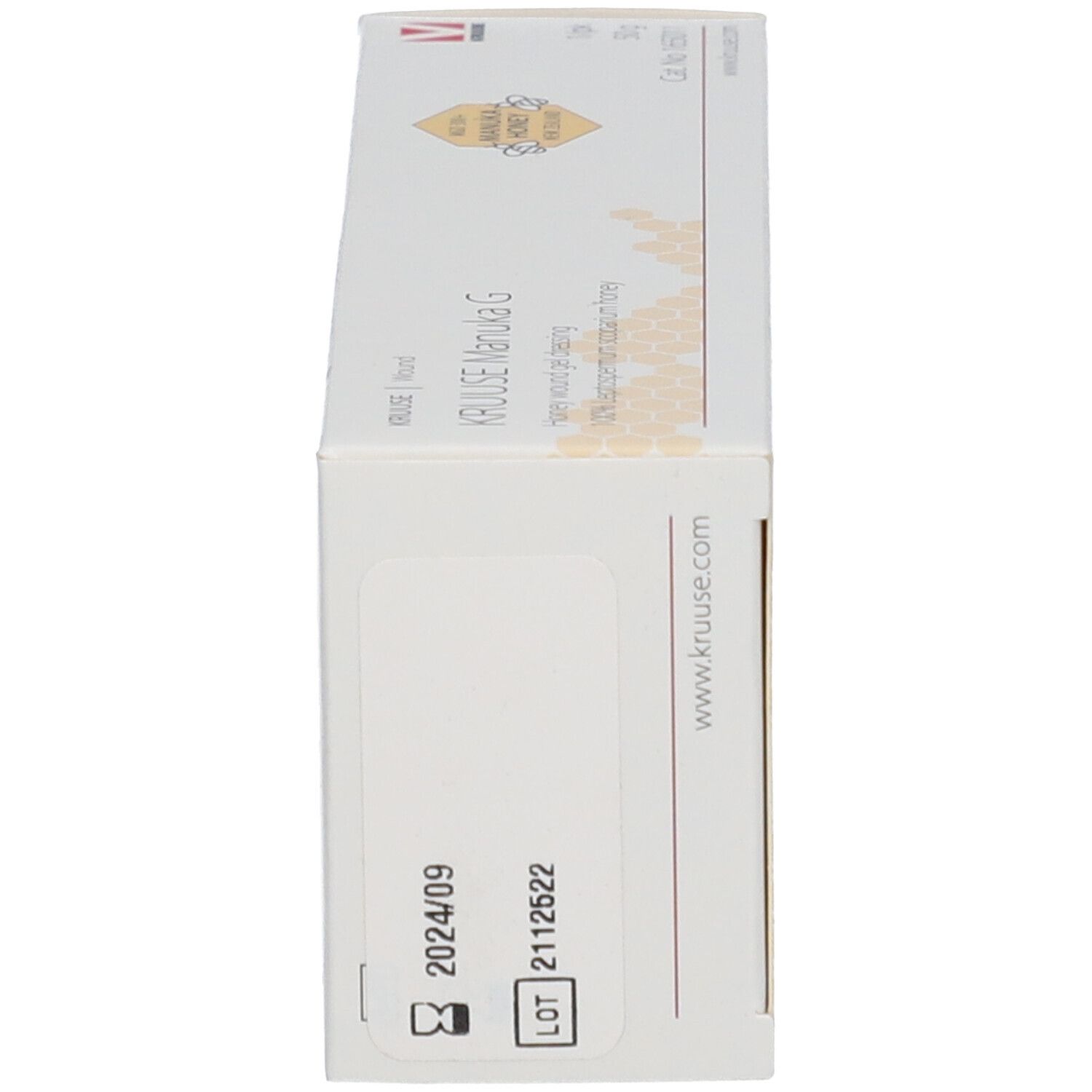 Côté de l'emballage KRUUSE Manuka G. Date de péremption 2024/09. Numéro de lot.
