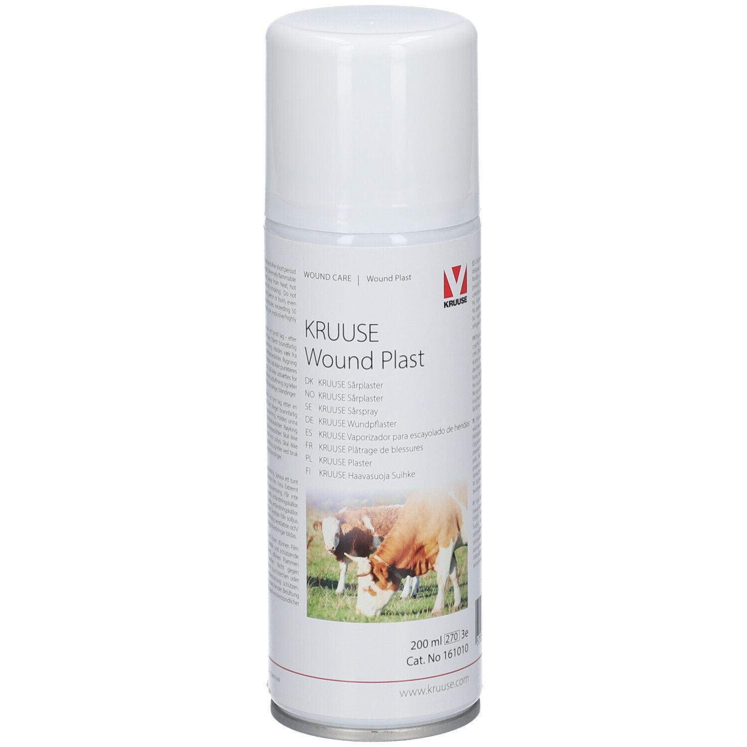 Spray blanc avec l'inscription KRUUSE Wund Plast. Image de vaches sur l'emballage.