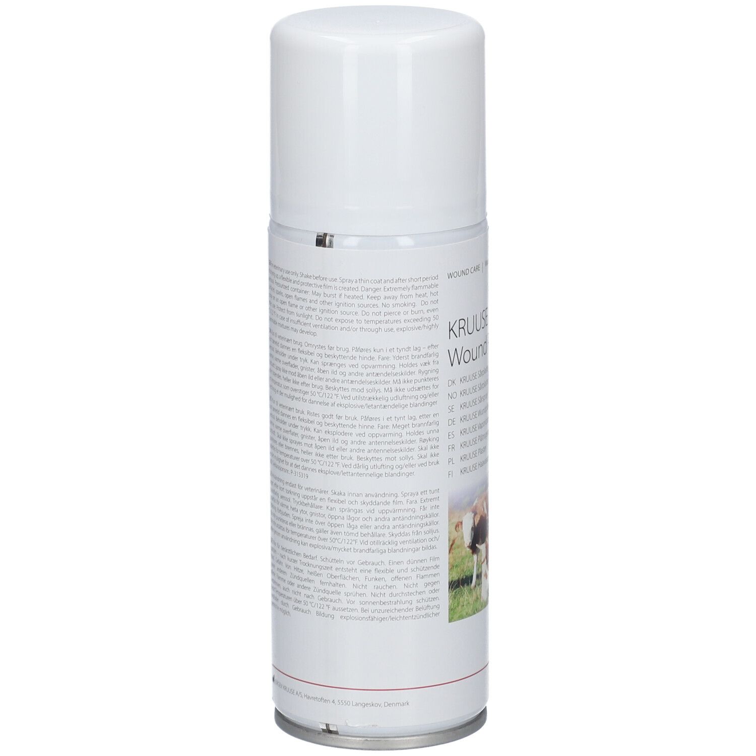 Dos du spray blanc. Texte en plusieurs langues. Avertissement et symbole de danger.
