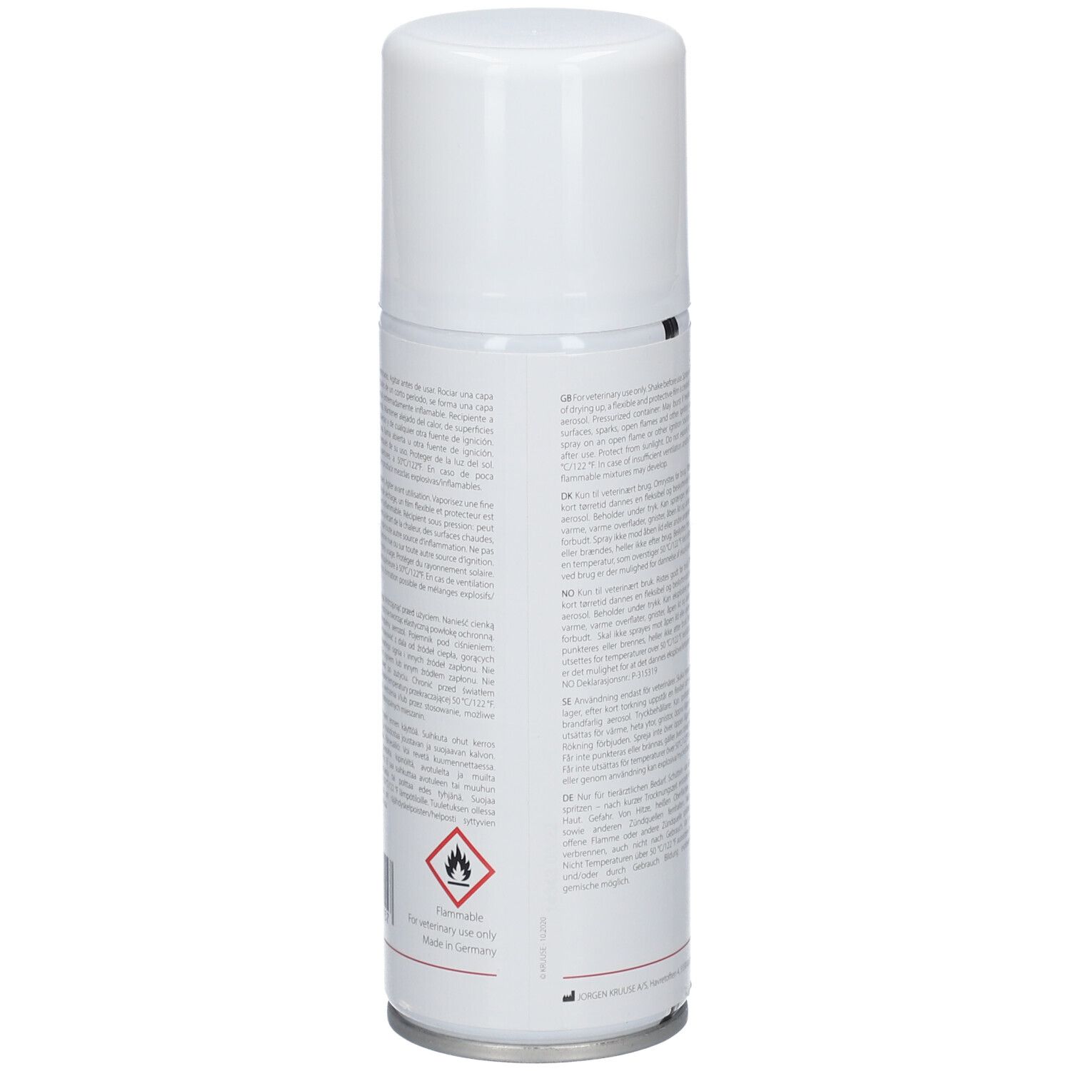 Dos du spray blanc. Texte en plusieurs langues. Avertissement et symbole de danger.
