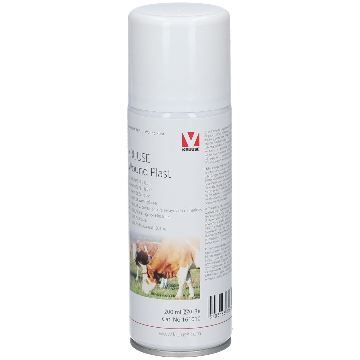 Spray blanc avec l'inscription KRUUSE Wund Plast. Image de vaches sur l'emballage.