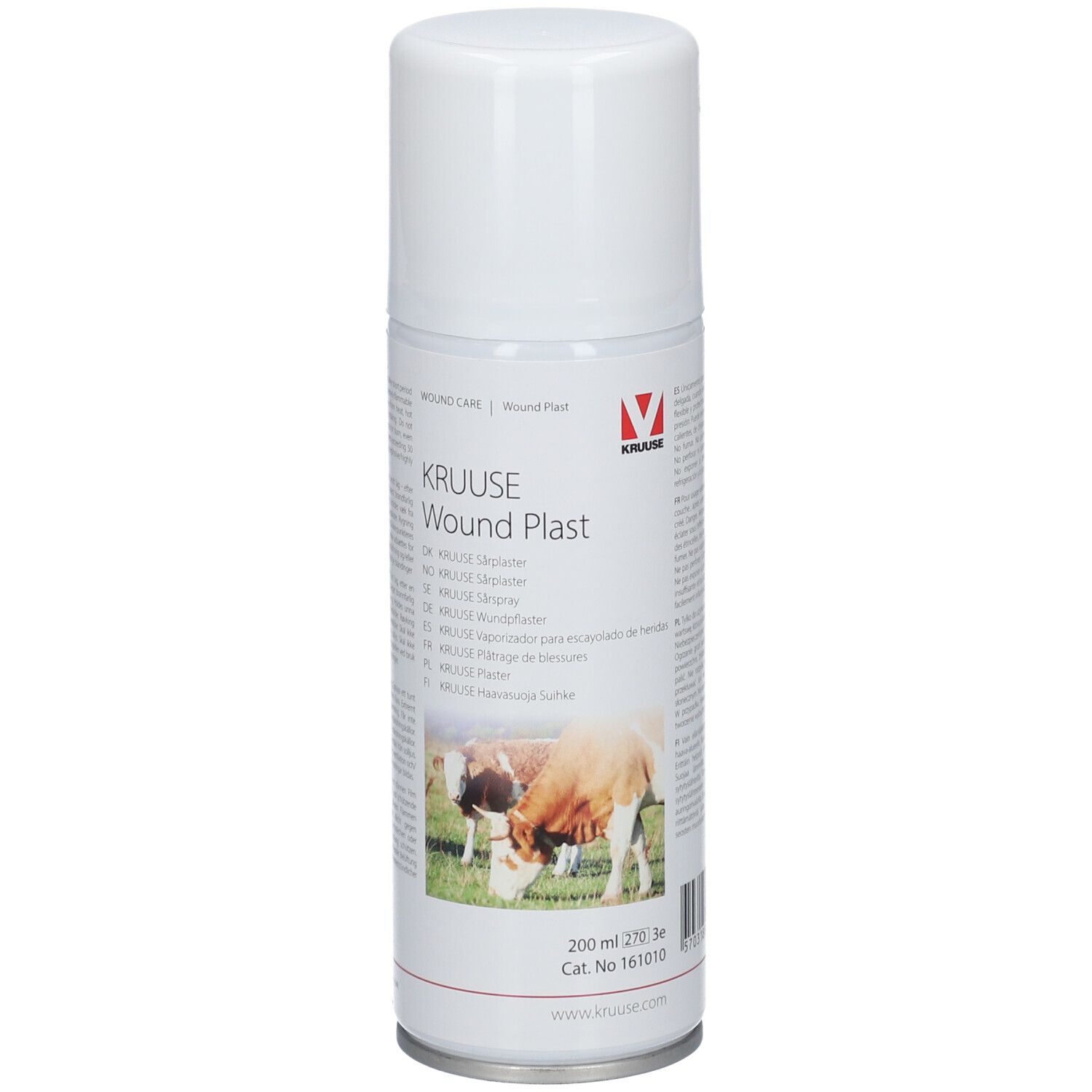 Spray blanc avec l'inscription KRUUSE Wund Plast. Image de vaches sur l'emballage.