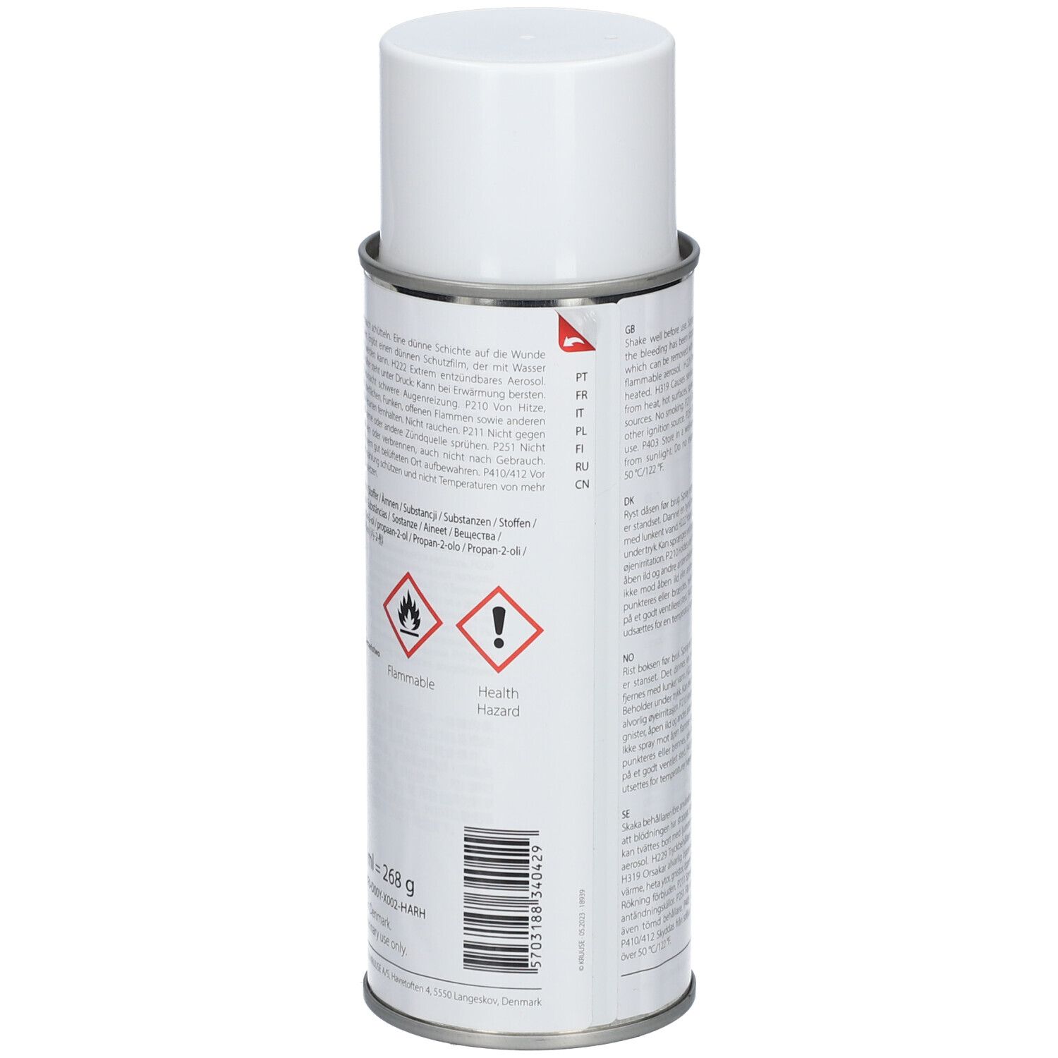 Aérosol avec bouchon blanc. Avertissements et symboles de danger. Contient 268 g.