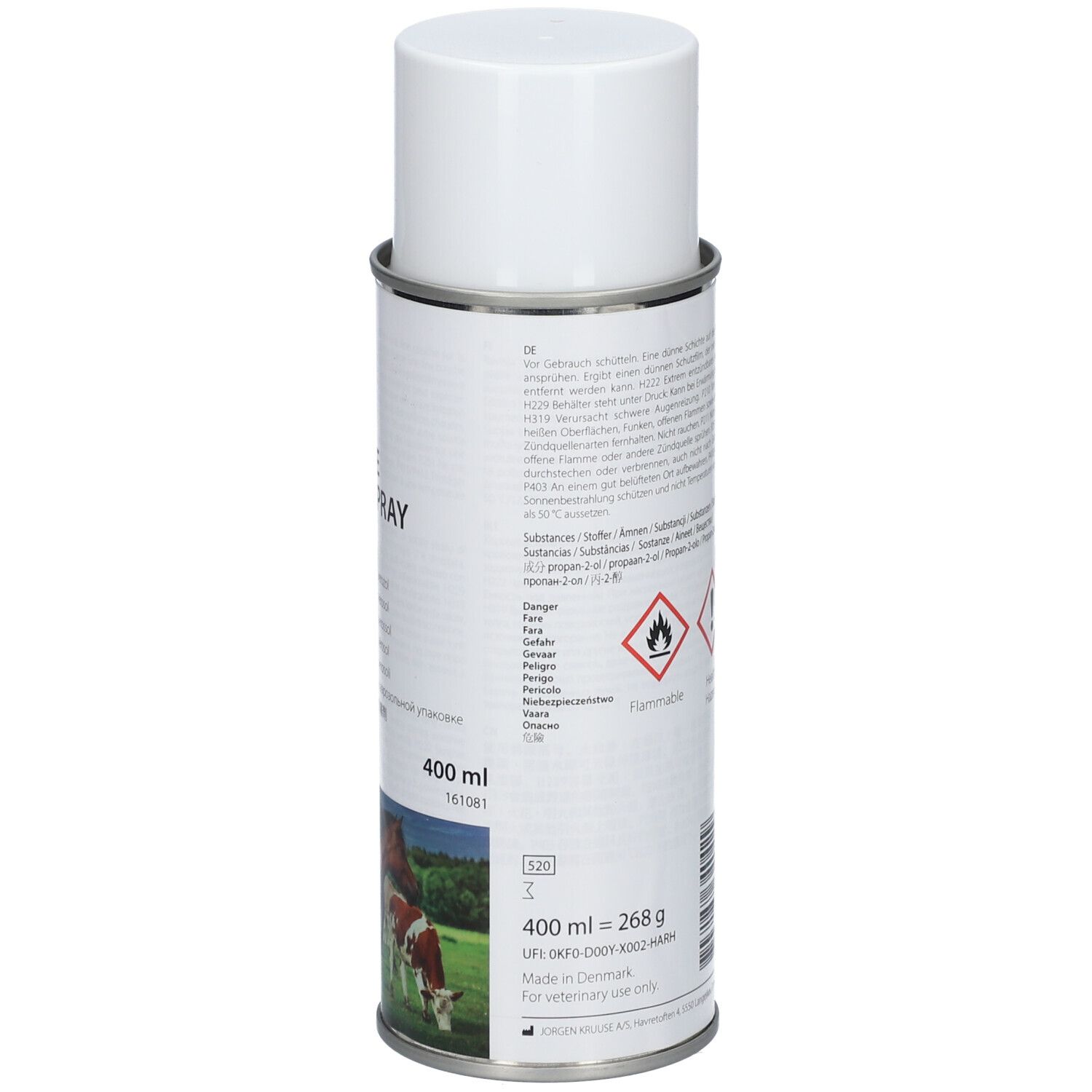 Aérosol avec bouchon blanc. Avertissements et symboles de danger. Contient 400 ml et 268 g.