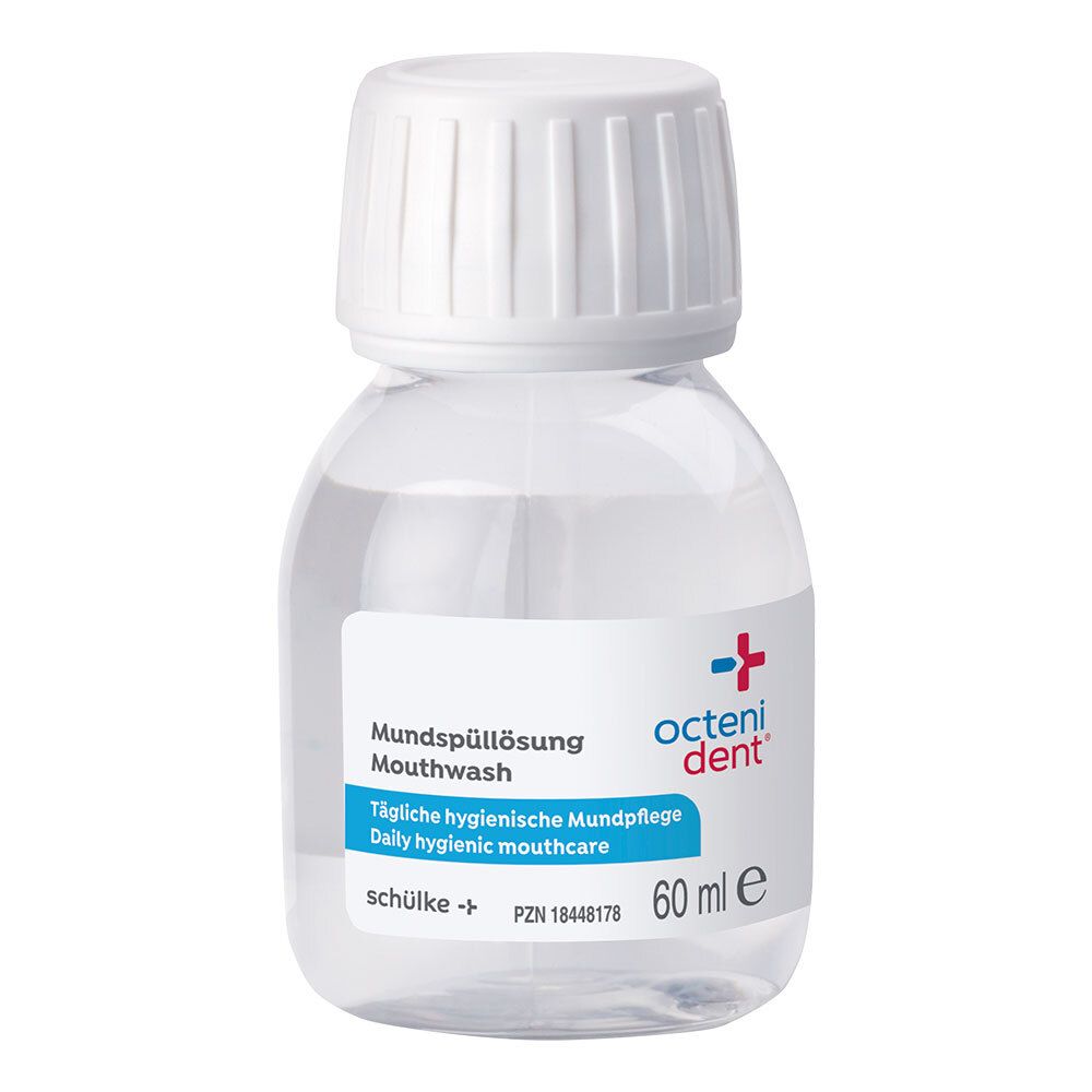 Solution buccale claire dans une bouteille transparente avec bouchon à vis blanc. 60 ml.