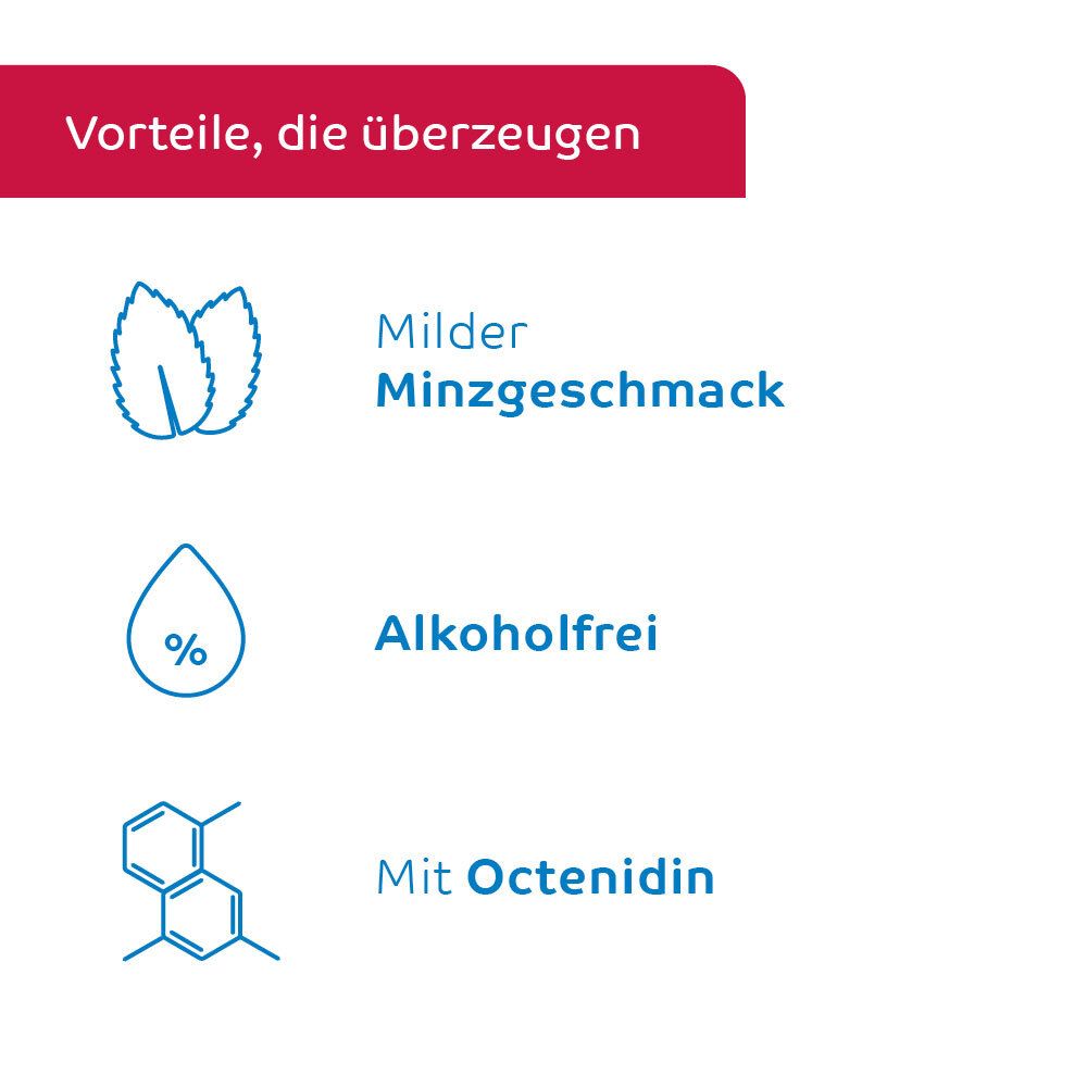 Avantages : Goût menthe doux, sans alcool, avec Octénidine.