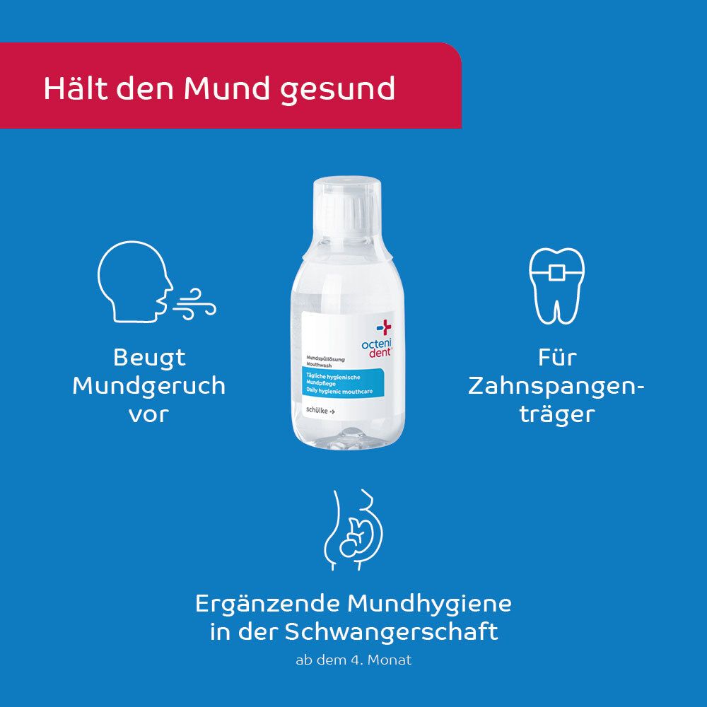 Bain de bouche Octenident dans une bouteille transparente avec bouchon blanc. Texte : Garde la bouche saine.