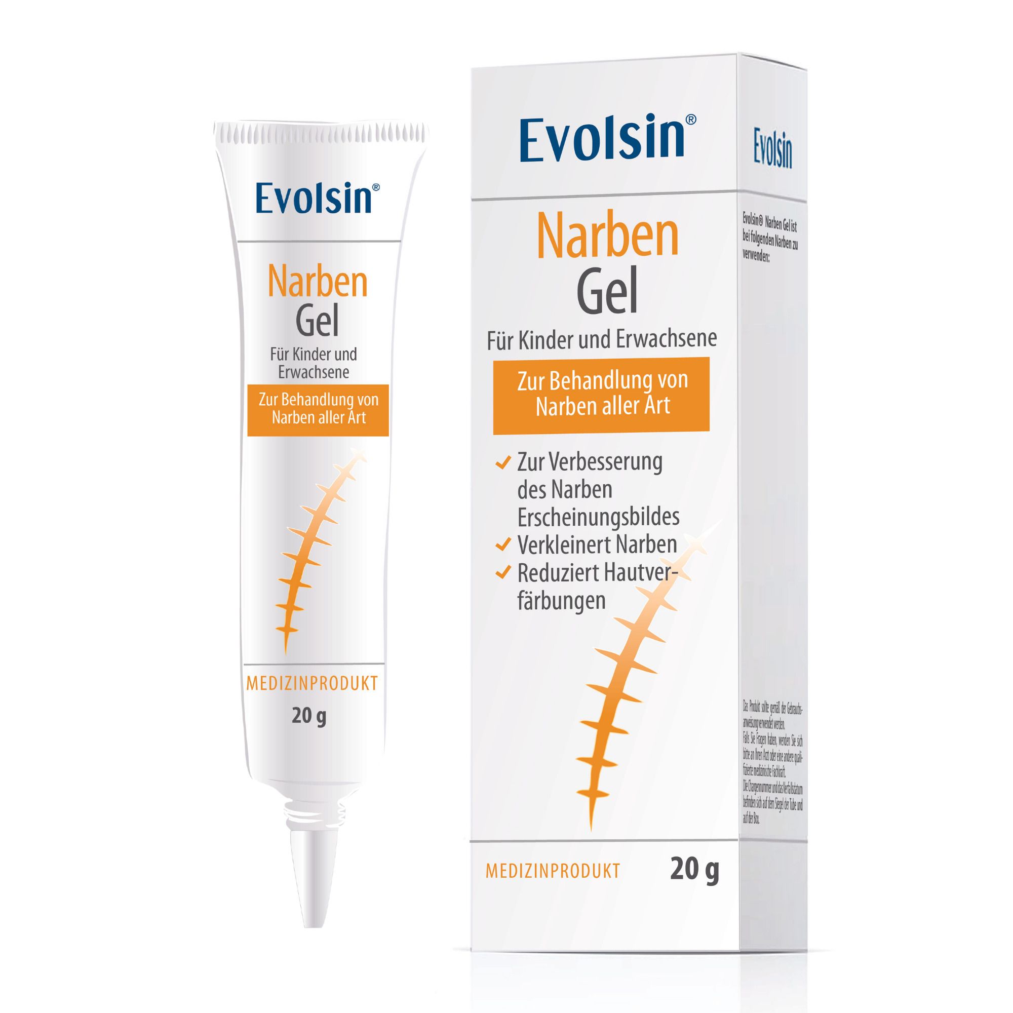 Tube en doos Evolsin Narbengel, 20 g. Voor kinderen en volwassenen.