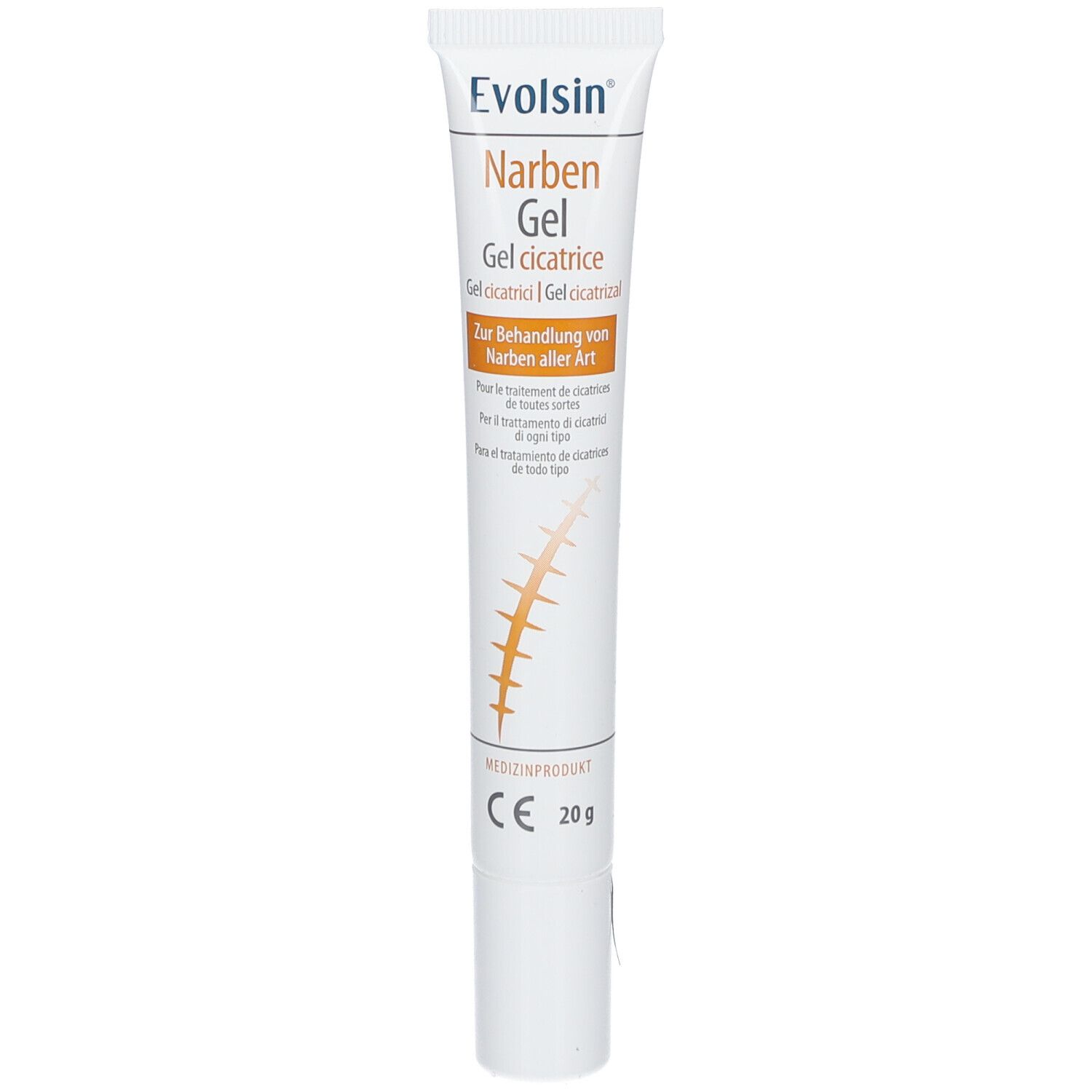 Tube de gel pour cicatrices. Blanc, avec nom de marque et produit. 20g. Dispositif médical.