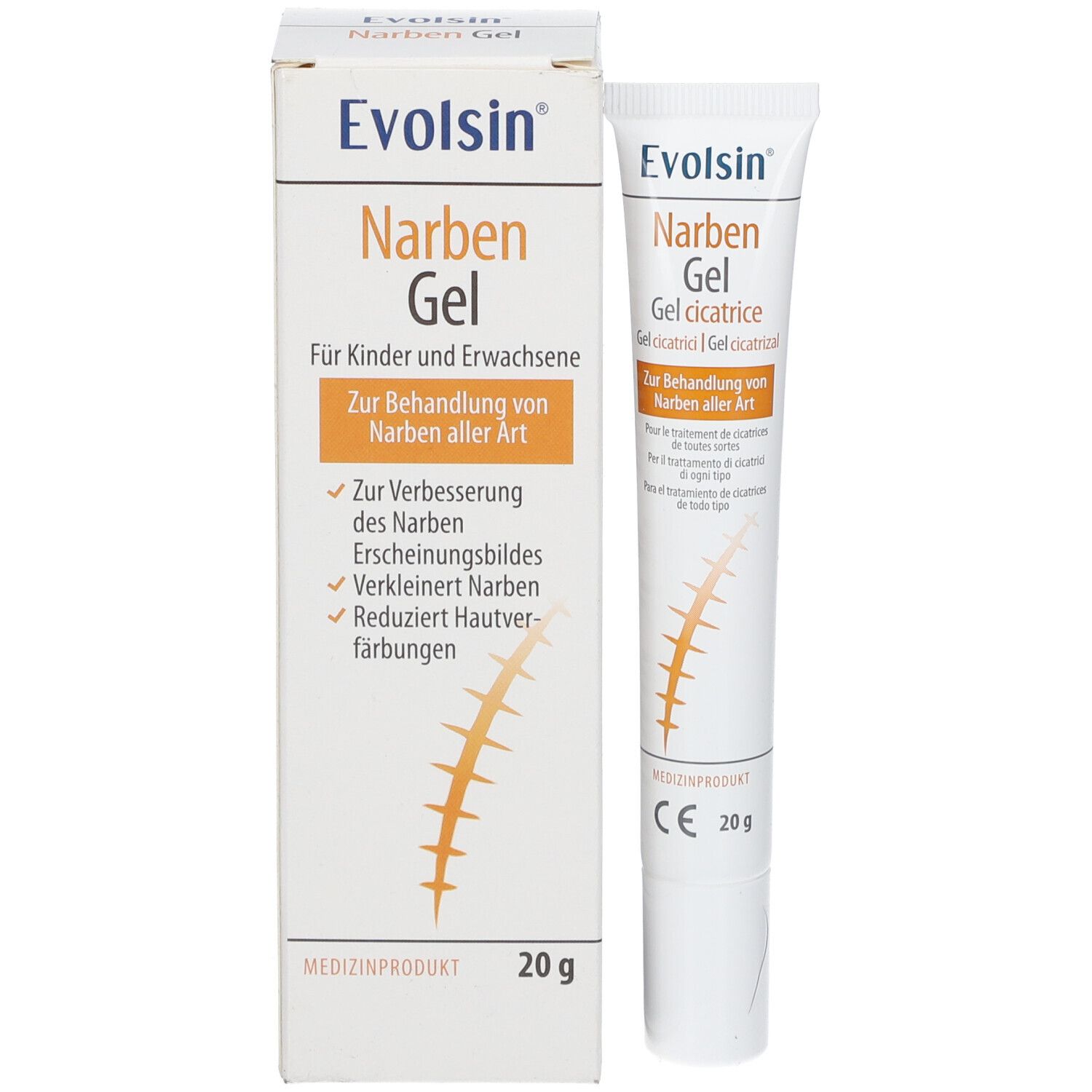 Boîte et tube de gel pour cicatrices. Blanc, avec nom de marque et produit. 20g.
