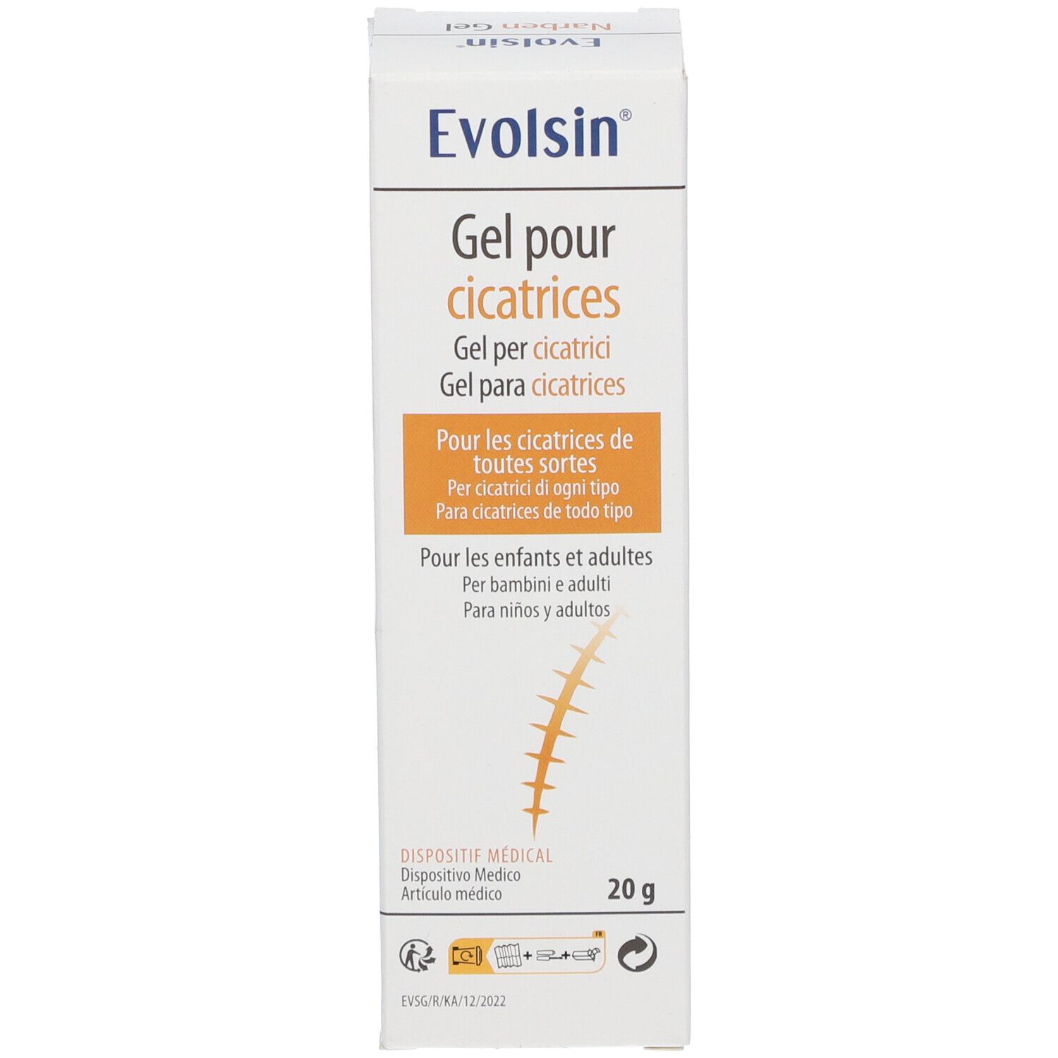 Boîte de gel pour cicatrices. Multilingue. 20g. Dispositif médical.