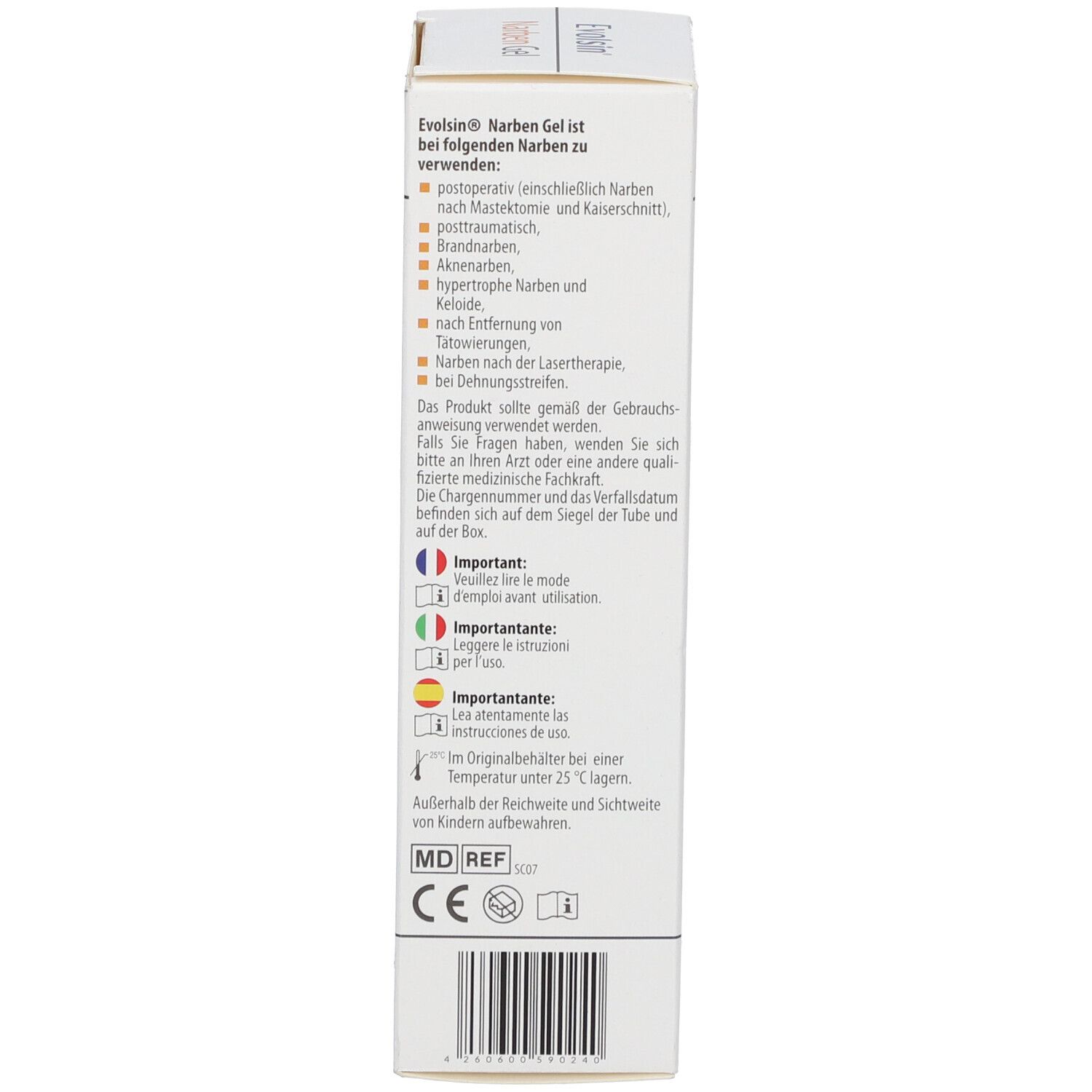 Dos de la boîte avec informations sur le produit. Texte en plusieurs langues.