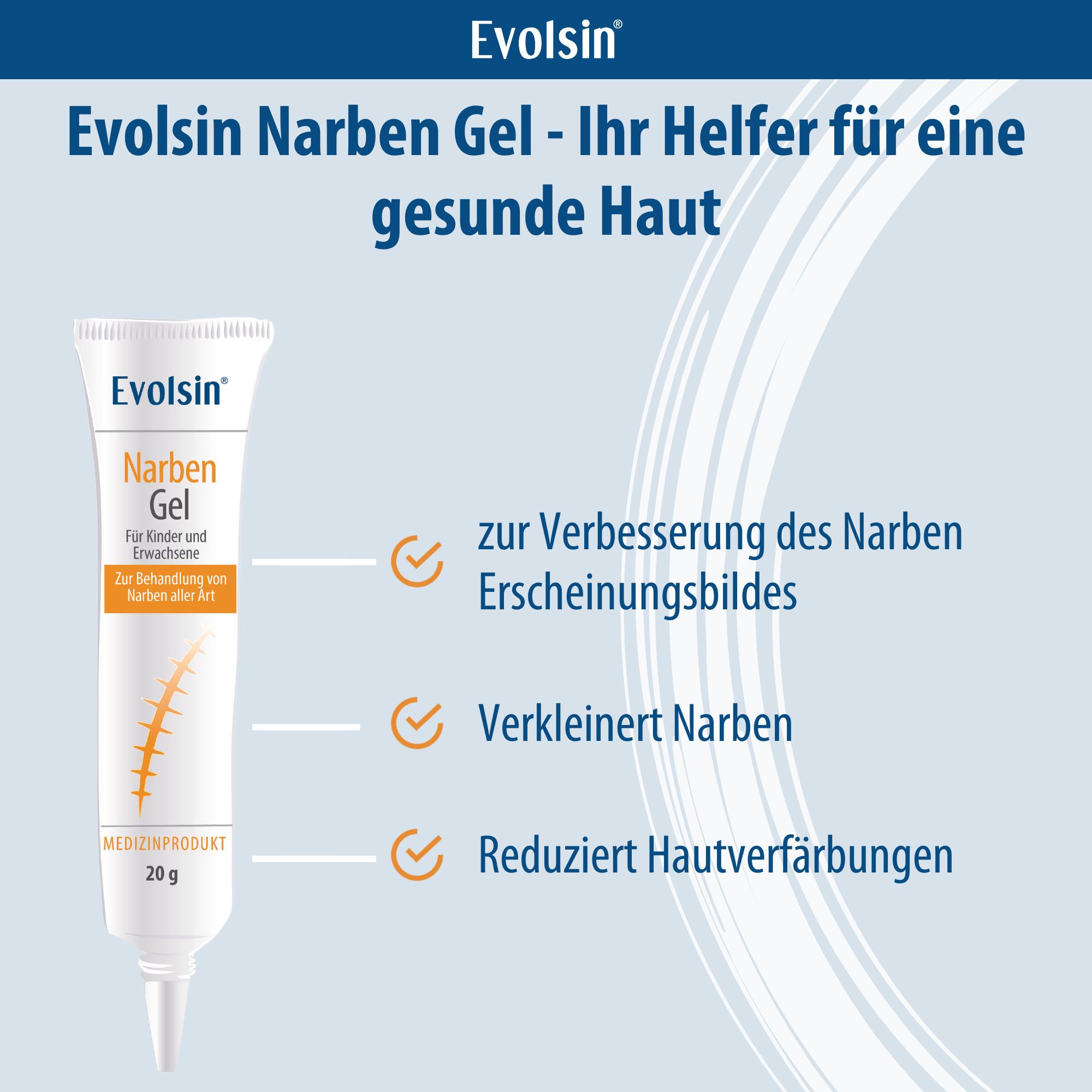 Evolsin Narbengel, uw hulp voor een gezonde huid. Tube en tekst.