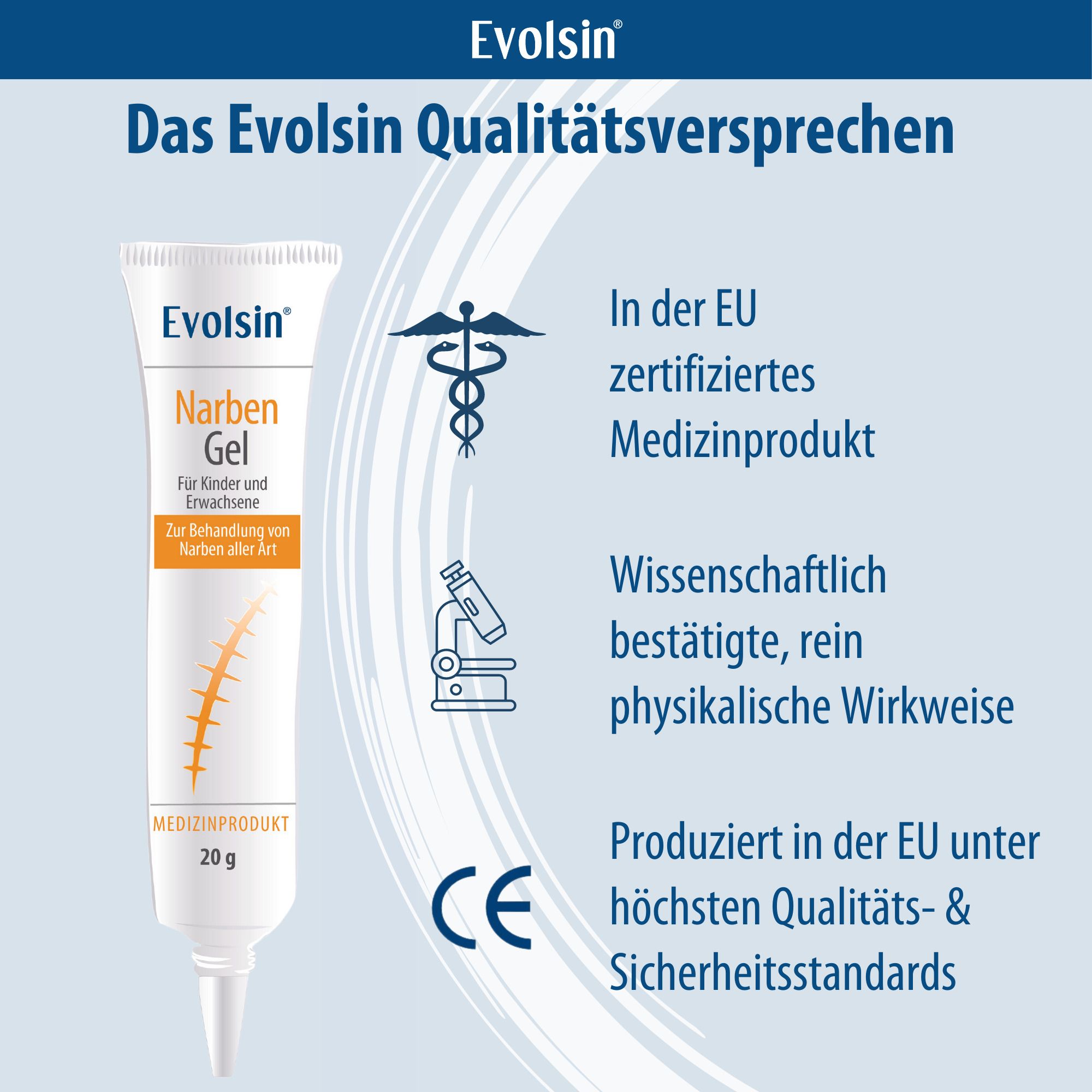 Tube Evolsin Narbengel, 20g. Medisch hulpmiddel, CE-markering. Gecertificeerd in de EU.