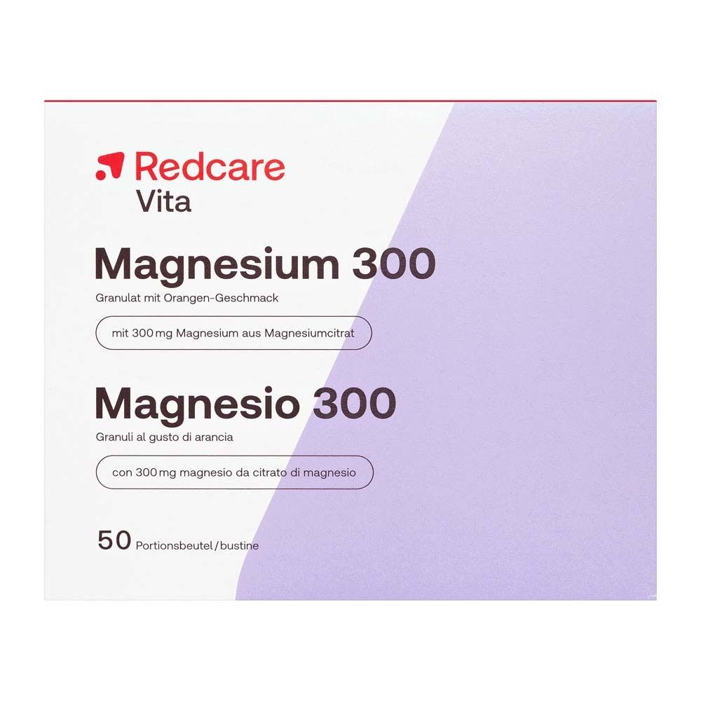 Boîte Redcare Magnesium 300. Blanche et violette. Texte : Magnesium 300, Magnesio 300, 50 portions.