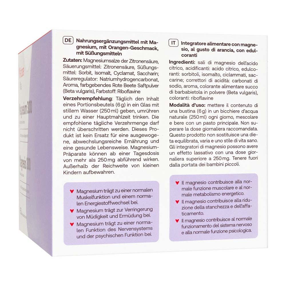 Dos de la boîte Redcare Magnesium 300. Texte en allemand et italien. Ingrédients, conseils d'utilisation.
