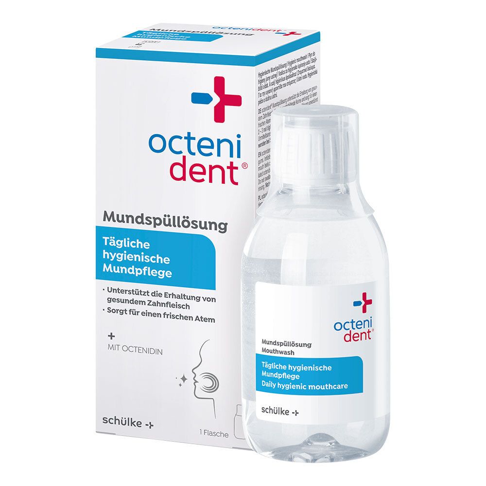 Bouteille et boîte de bain de bouche Octenident. Soin bucco-dentaire hygiénique quotidien à l'octénidine.