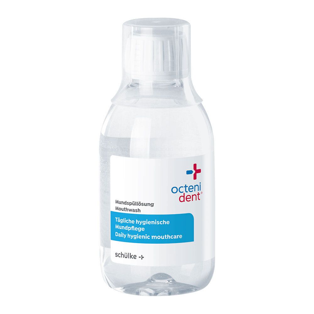 Bain de bouche transparent dans une bouteille claire avec étiquette blanche et bande bleue. Marque : octenident.