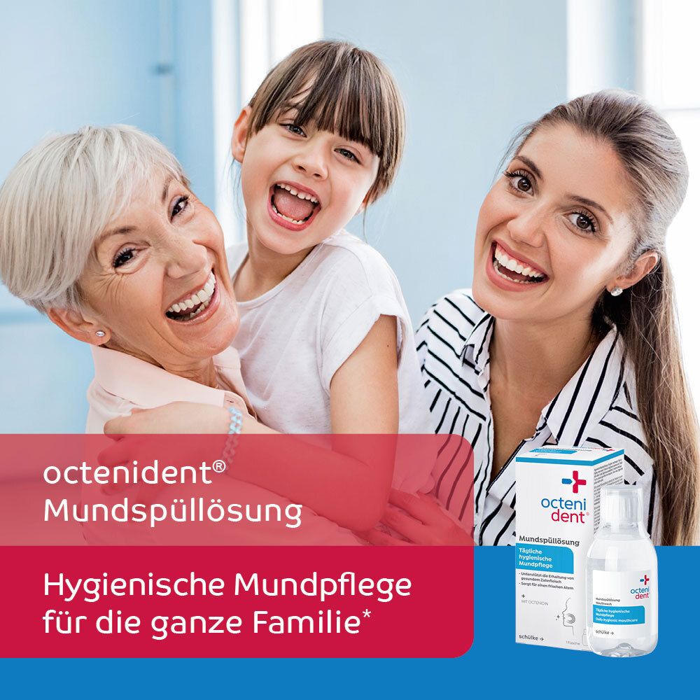 Bain de bouche Octenident : flacon et boîte avec soin d'hygiène bucco-dentaire pour toute la famille.