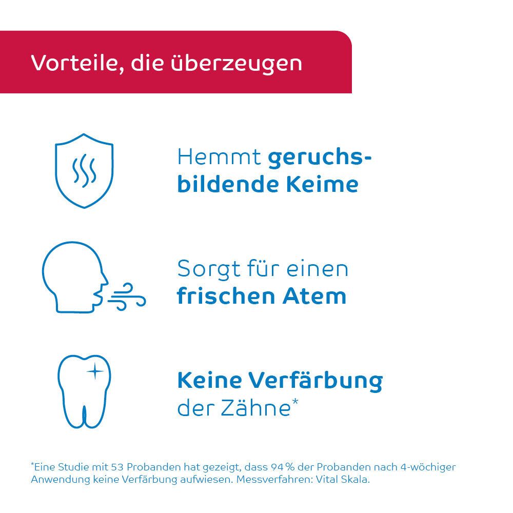 Avantages : Inhibe les germes, assure une haleine fraîche, sans coloration des dents.