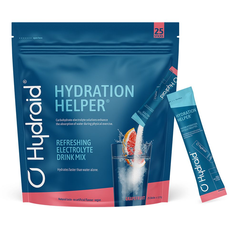 Hydraid Hydration Helper Grapefruit: zak met 25 sticks en één losse stick. Verfrissend elektrolytendrankpoeder.