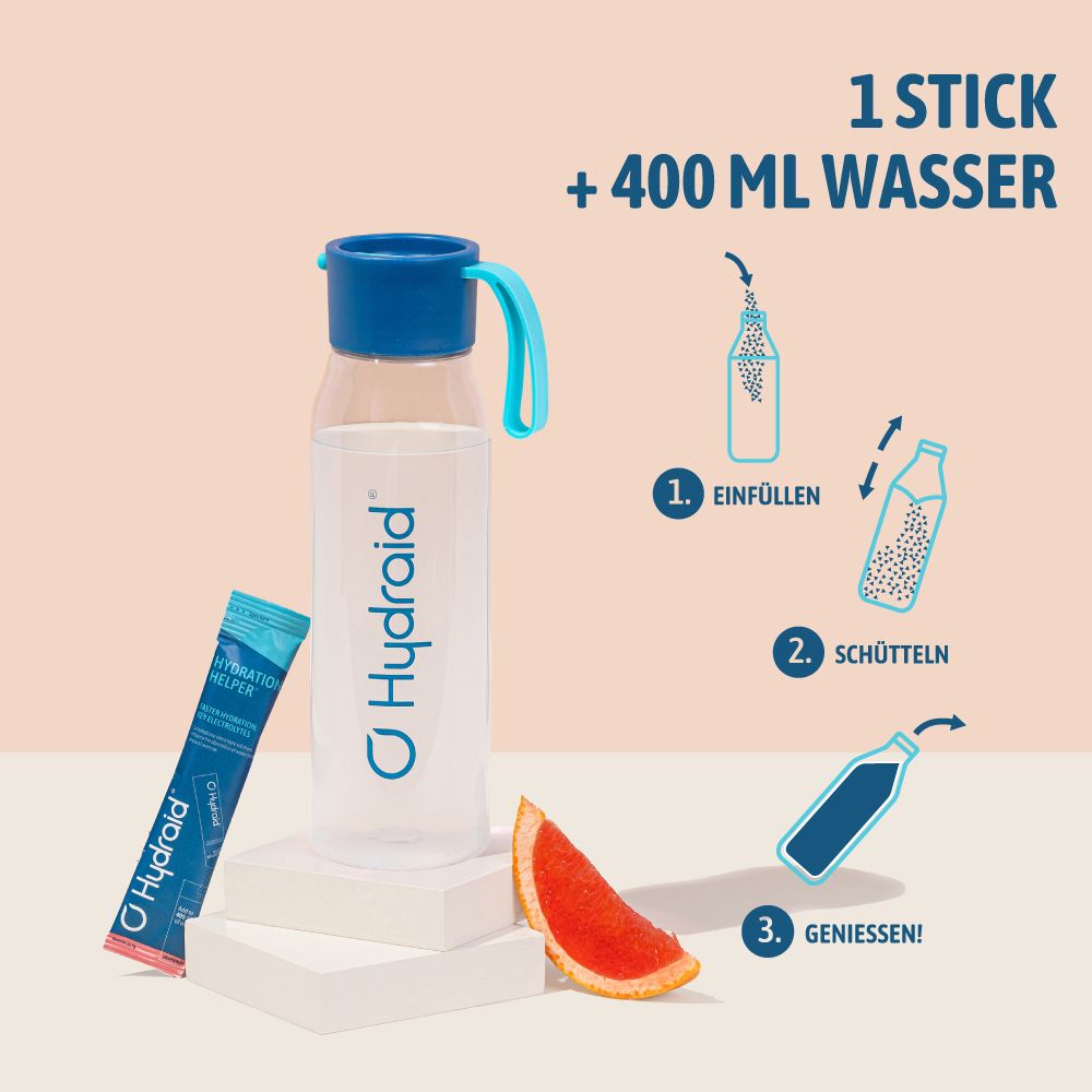 Hydraid Hydration Helper: Meng één stick met 400 ml water. Instructies in drie stappen: Vullen, Schudden, Genieten.