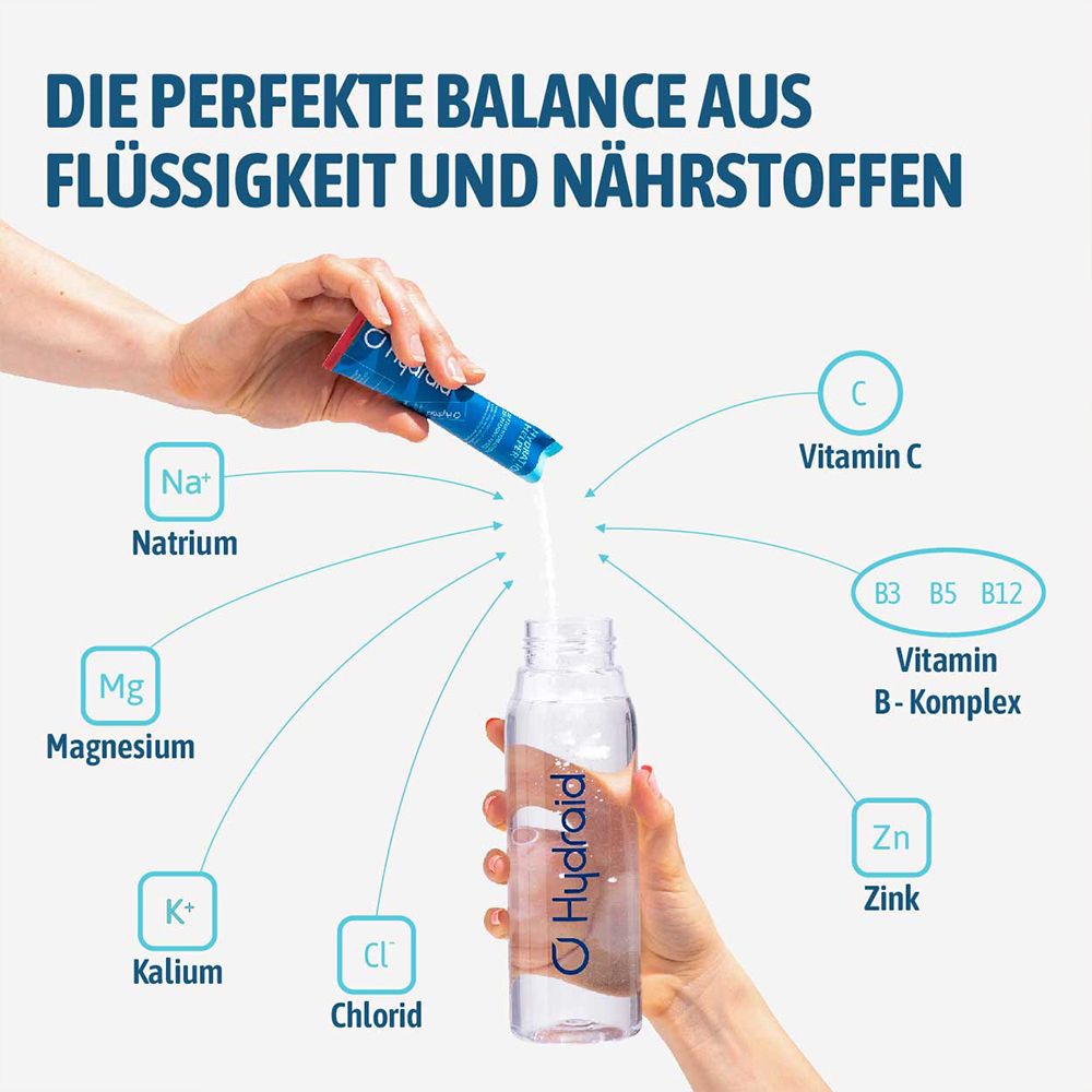 Hydraid Hydration Helper: Poeder wordt in een fles gedaan. Bevat natrium, magnesium, kalium, chloride, vitamine C en B-complex.