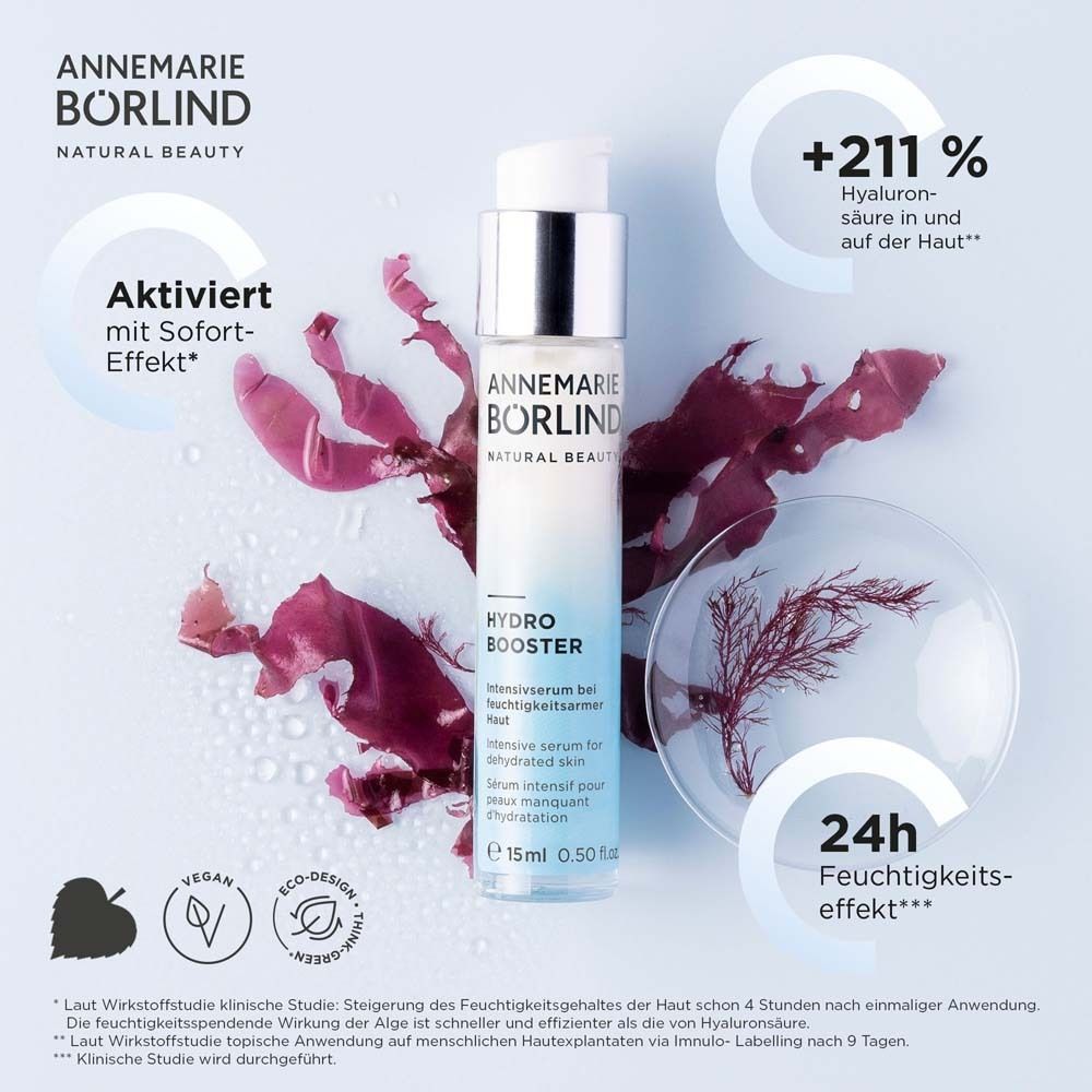BÖRLIND Hydro Booster Concentraat. Fles, algen, waterdruppels. Tekst: +211% hyaluronzuur.