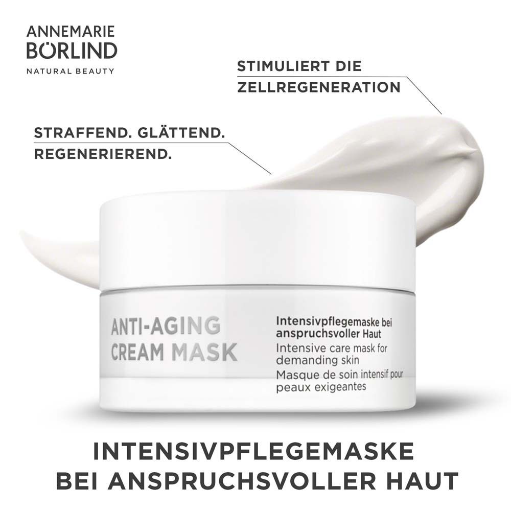 Crèmemasker in een pot. Opschrift: ANTI-AGING CREAM MASK. Tekst in het Duits, Engels en Frans. Pijlen met tekst.