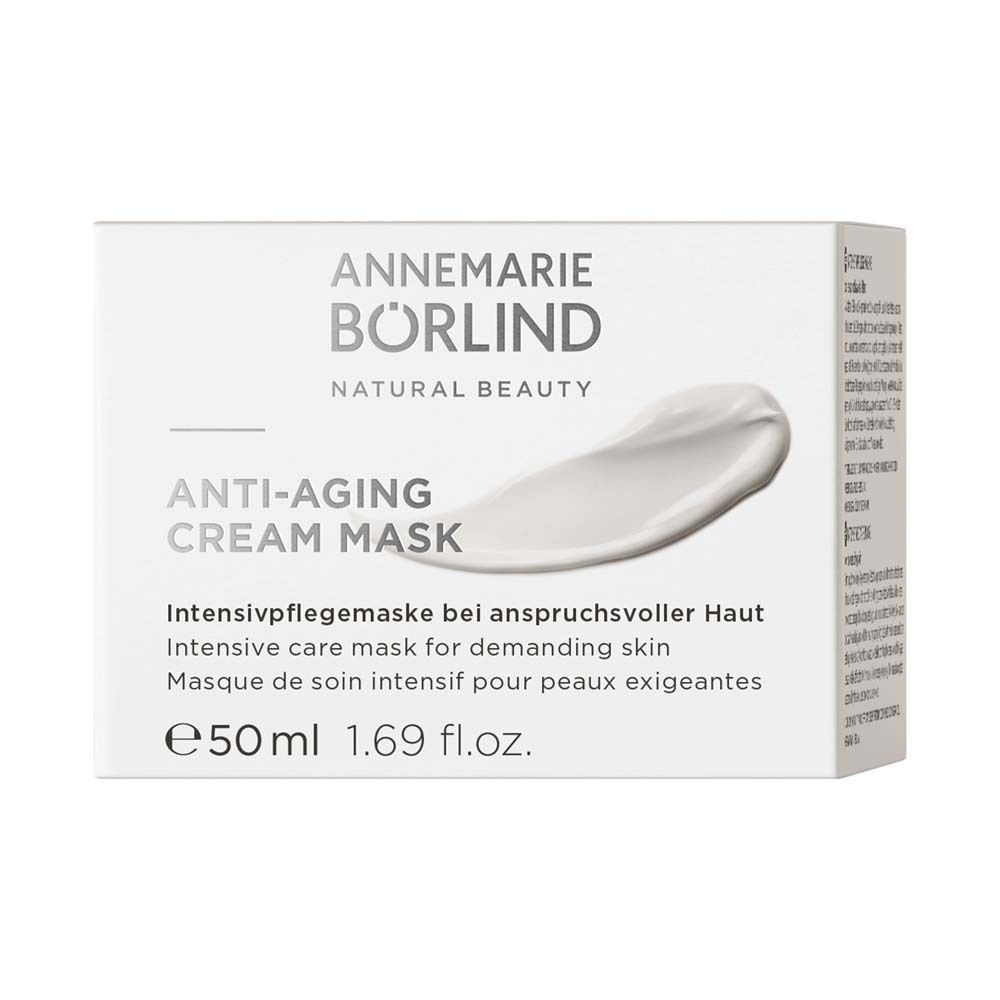 Verpakking van het crèmemasker. Opschrift: ANTI-AGING CREAM MASK. Tekst in het Duits, Engels en Frans. 50 ml.
