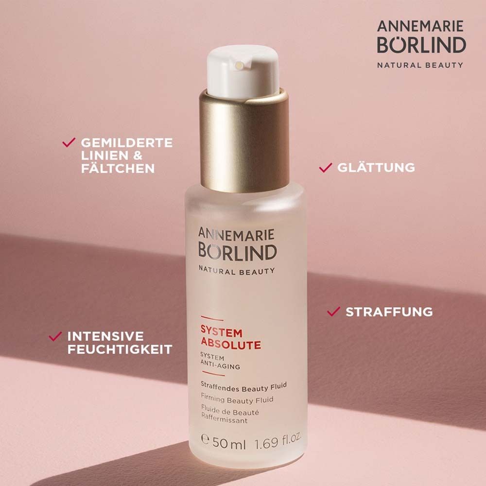 Börlind System Absolute Beauty Fluid. Flacon avec pompe. Texte: Hydratation intense, lissage, raffermissement.