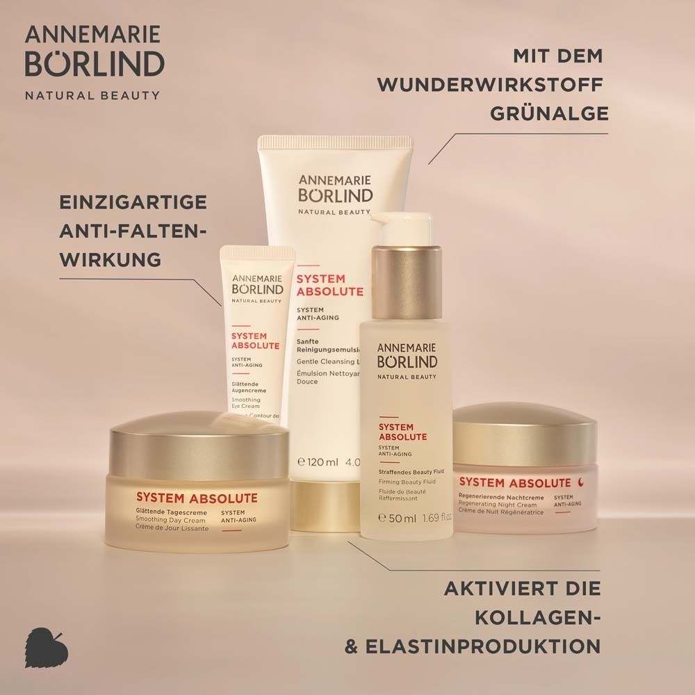 Gamme de produits Börlind System Absolute. Crèmes, nettoyage, fluide. Texte: Action anti-rides unique. Algue verte.