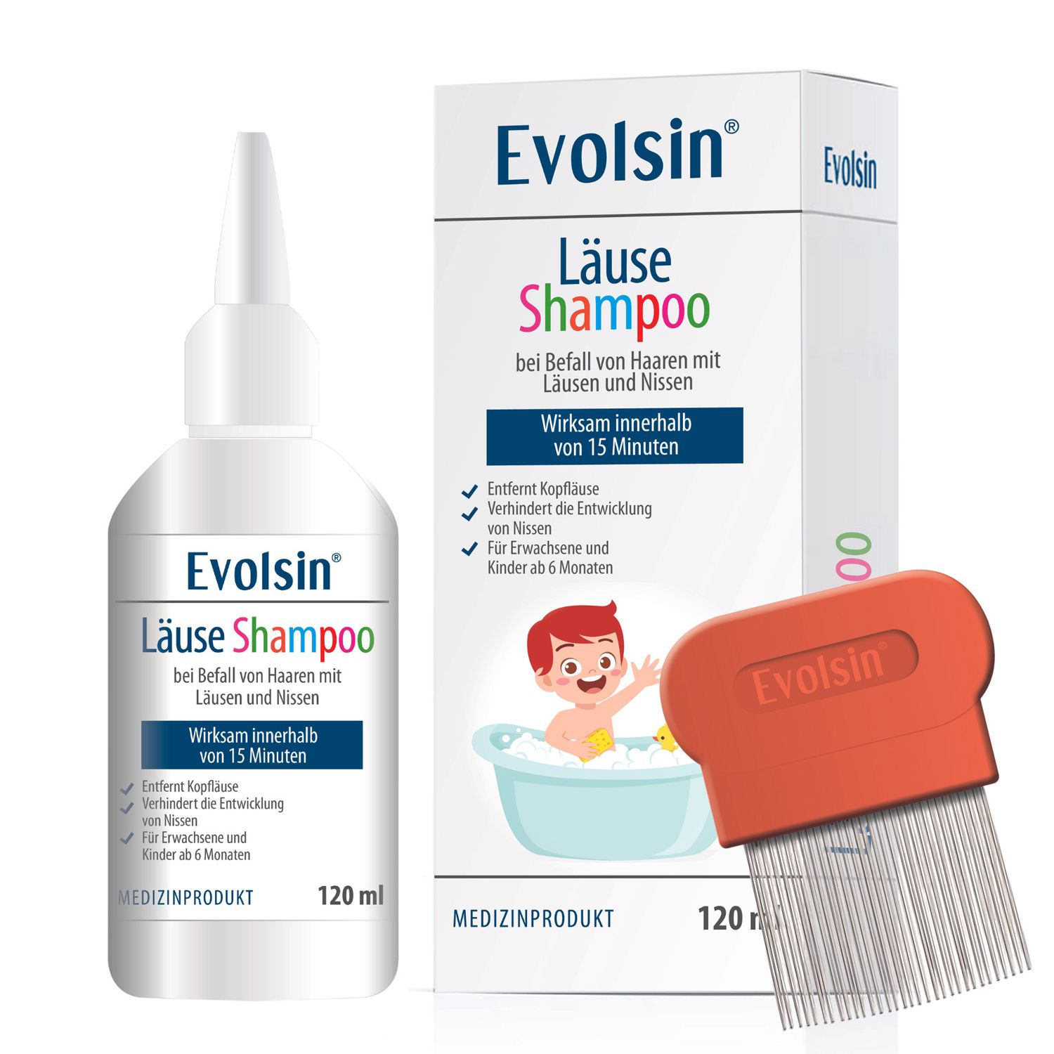 Ensemble de produits avec shampooing, peigne et boîte. Texte : Evolsin Shampooing anti-poux. Efficace en 15 minutes.