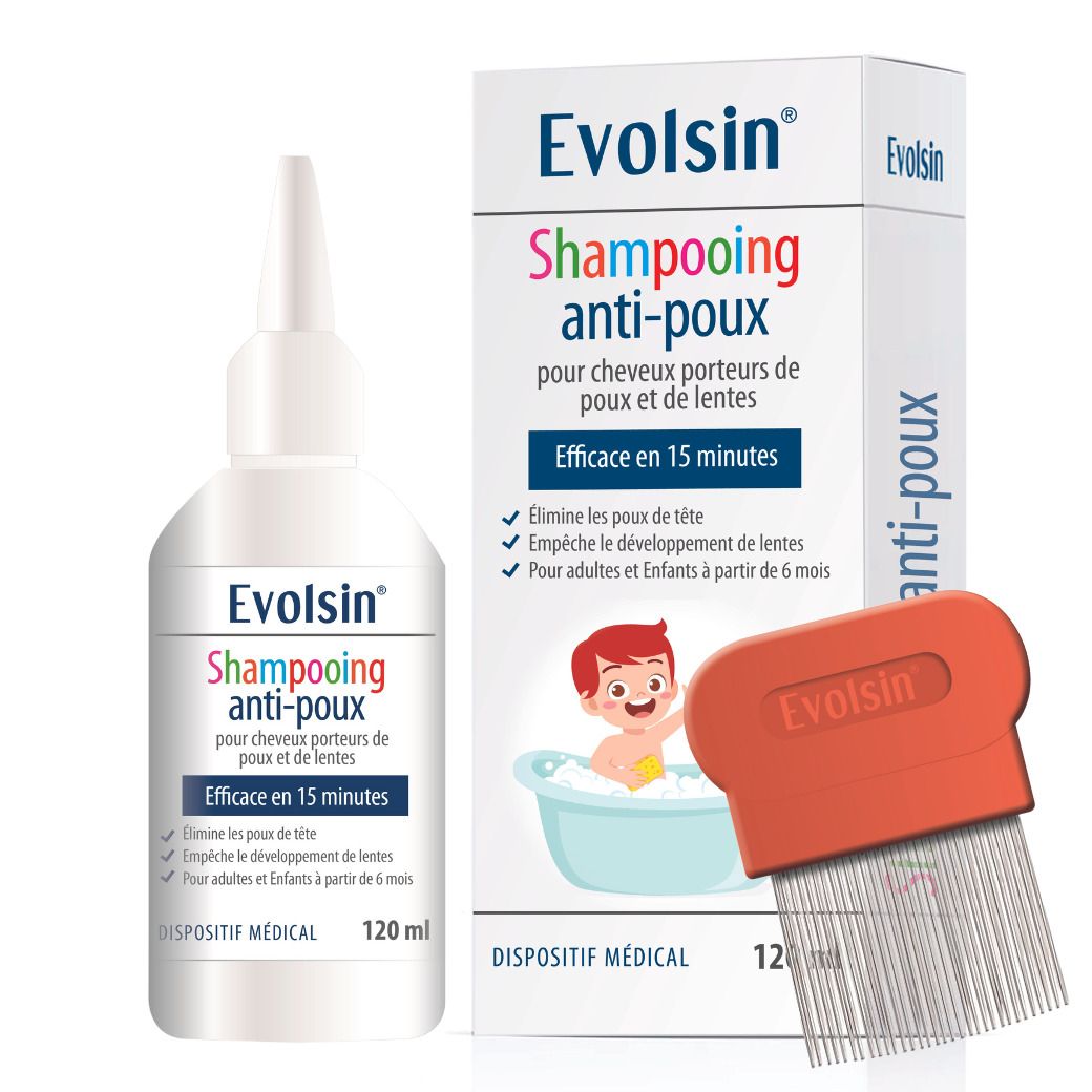 Ensemble de produits avec shampooing, peigne et boîte. Texte : Evolsin Shampooing anti-poux. Efficace en 15 minutes.
