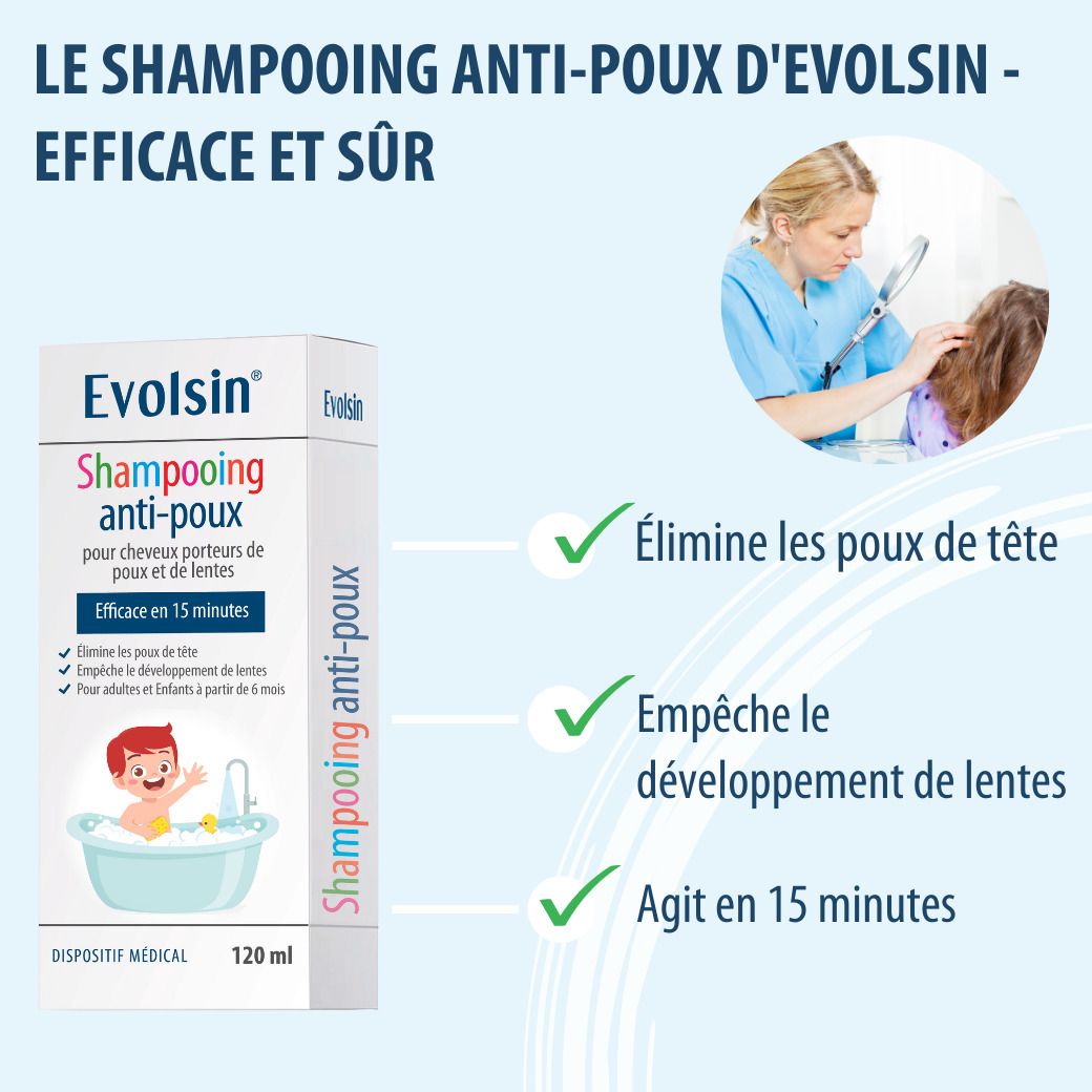 Comparaison du kit Evolsin avec shampooing et peigne. Avantages : agit en 15 minutes, sans insecticides.