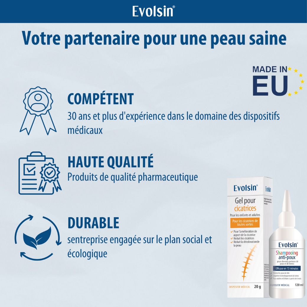 Comparaison du kit Evolsin avec shampooing et peigne. Avantages : agit en 15 minutes, sans insecticides.