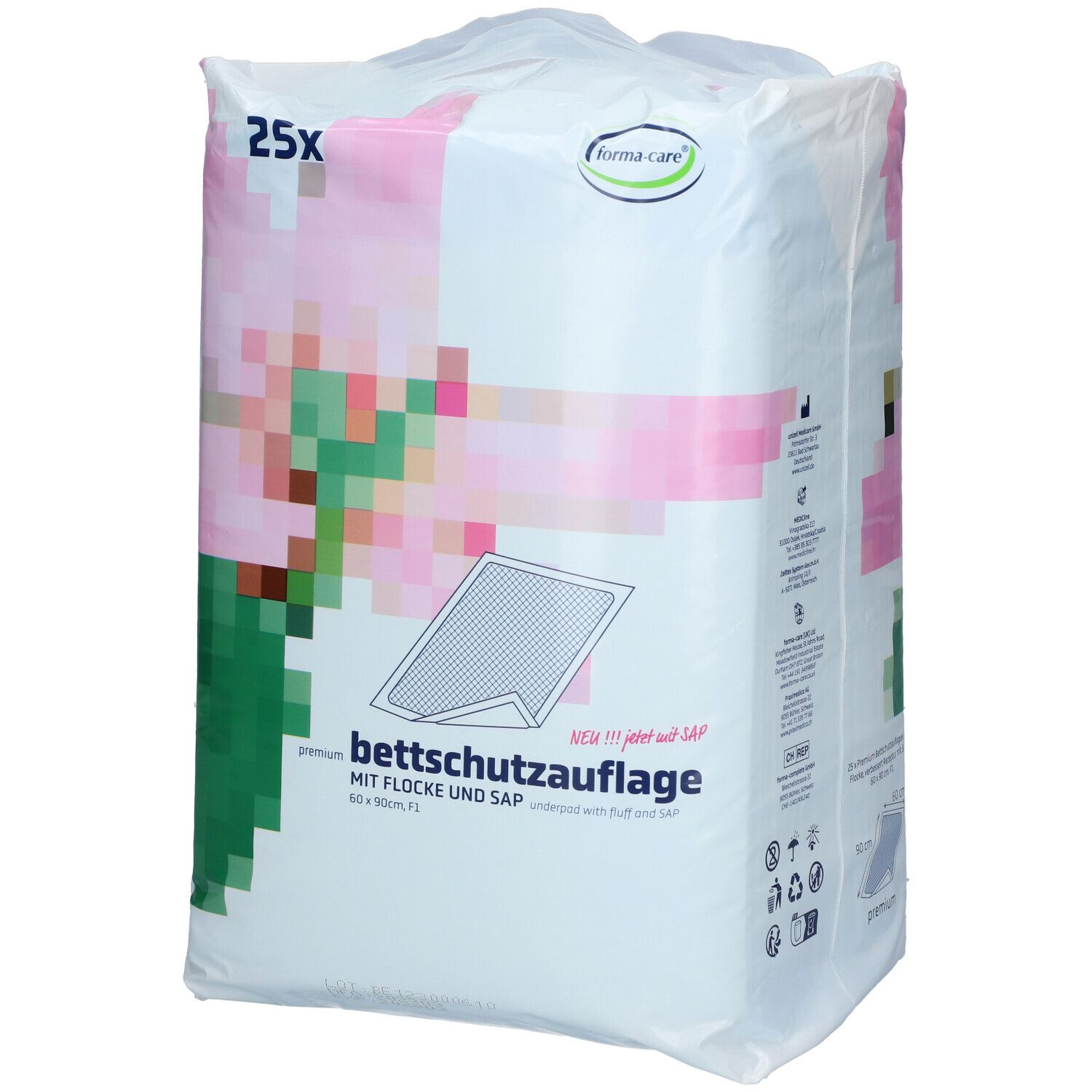 Verpakking met bedbeschermers. Opschrift: 25x, forma-care logo, bedbeschermer, 60 x 90cm. Roze en groene afbeelding.