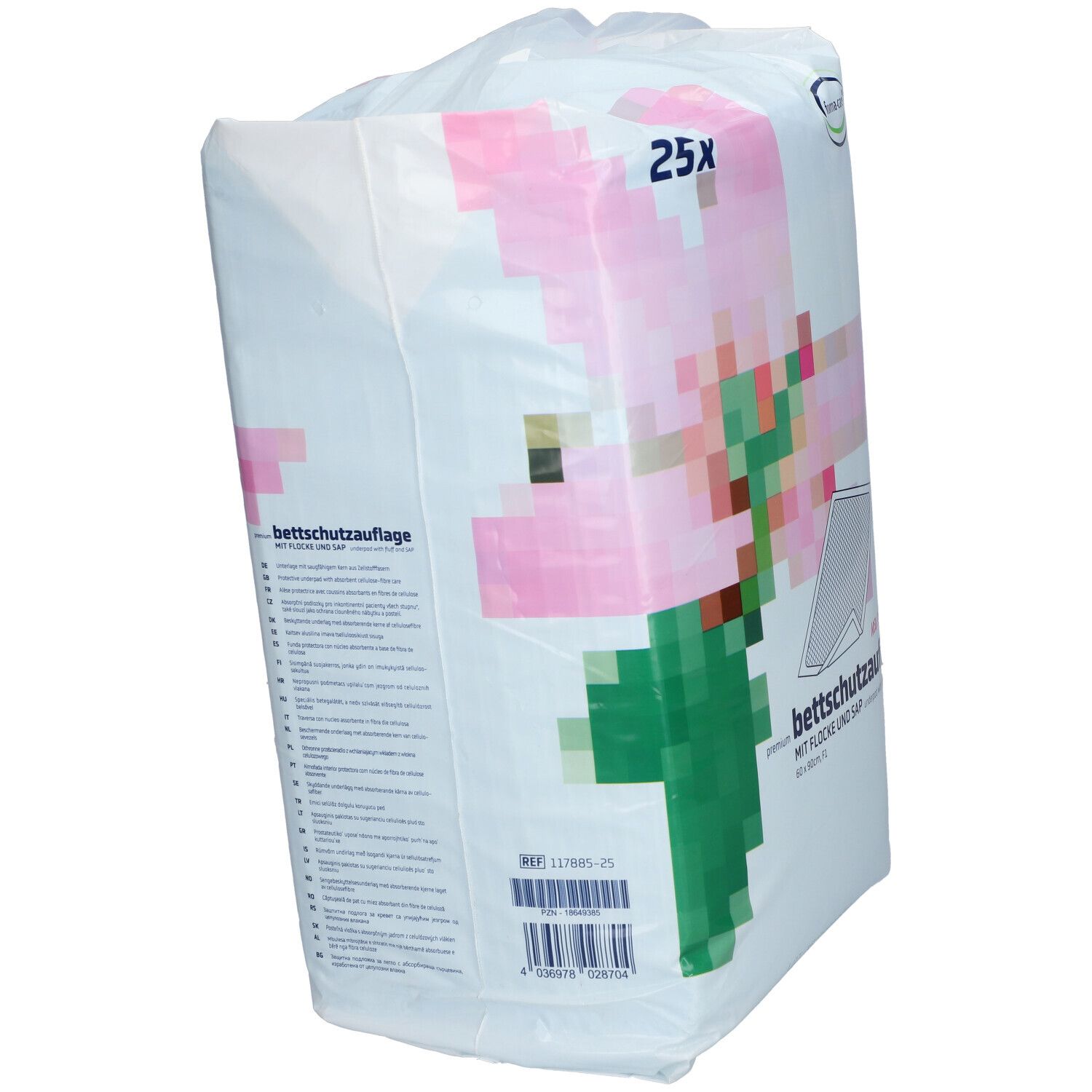 Verpakking met bedbeschermers. Opschrift: 25x, forma-care logo, bedbeschermer. Roze en groene afbeelding. Barcode en informatie.
