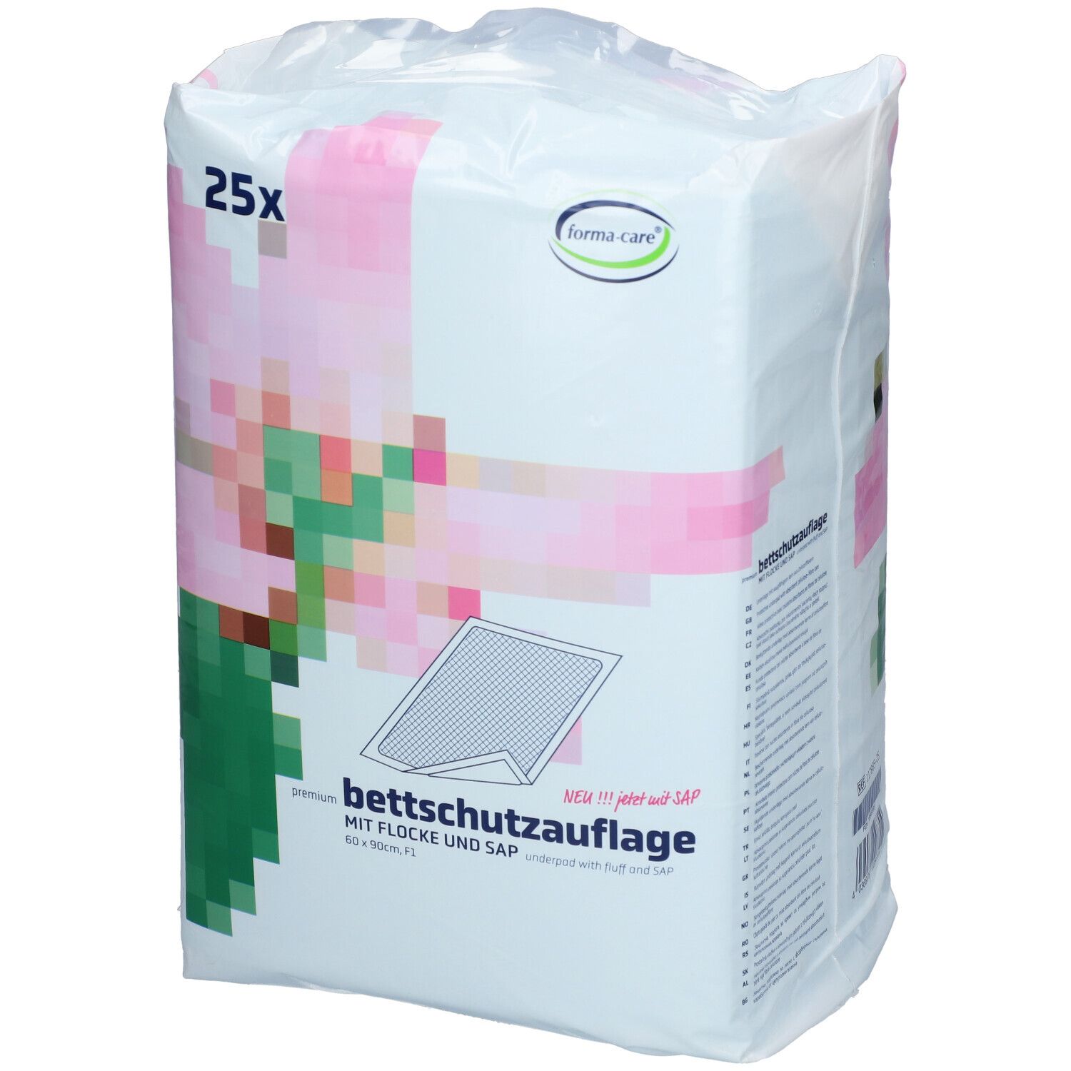 Verpakking met bedbeschermers. Opschrift: 25x, forma-care logo, bedbeschermer, 60 x 90cm. Roze en groene afbeelding.