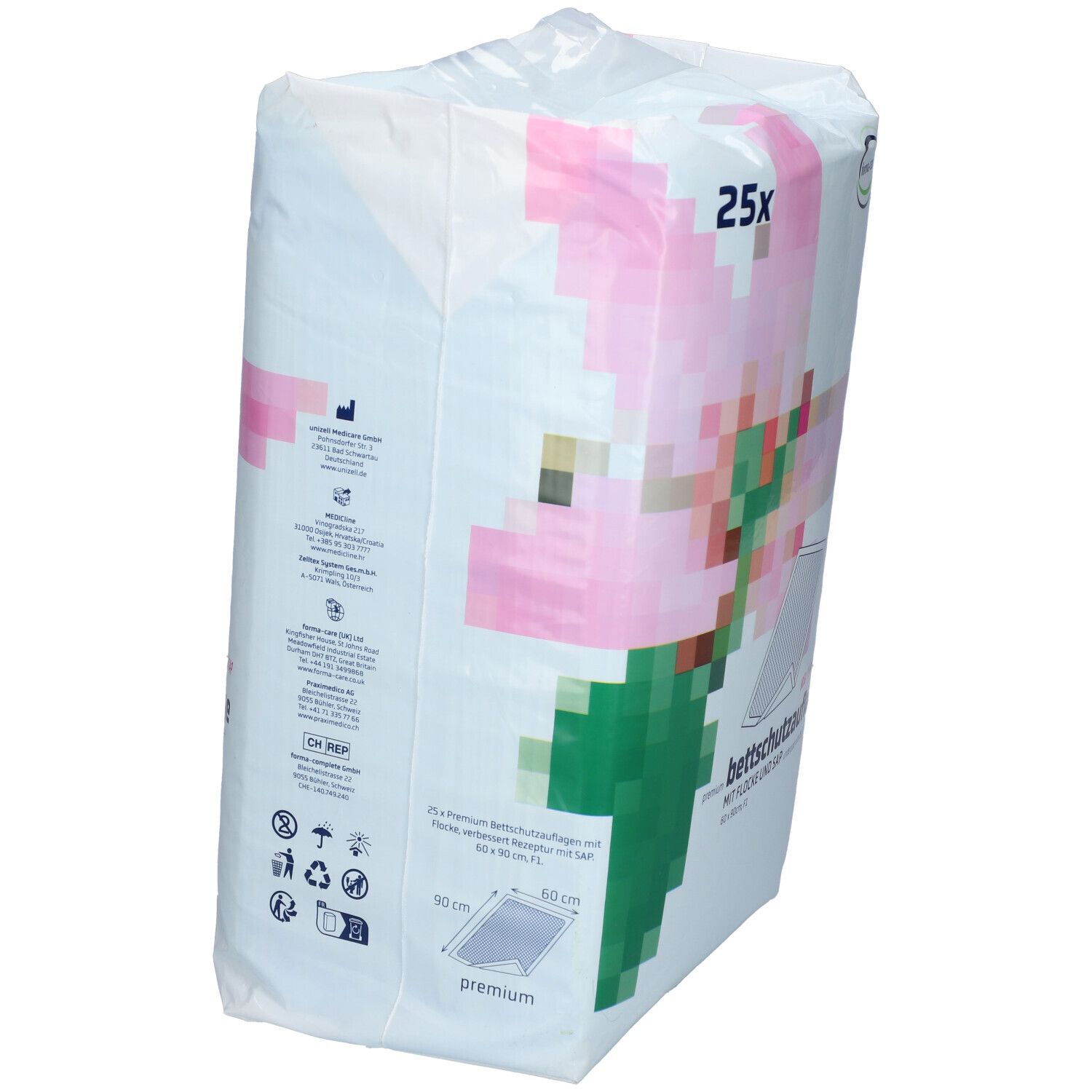 Verpakking met bedbeschermers. Opschrift: 25x, forma-care logo, bedbeschermer, 60 x 90cm. Roze en groene afbeelding. Pictogrammen.