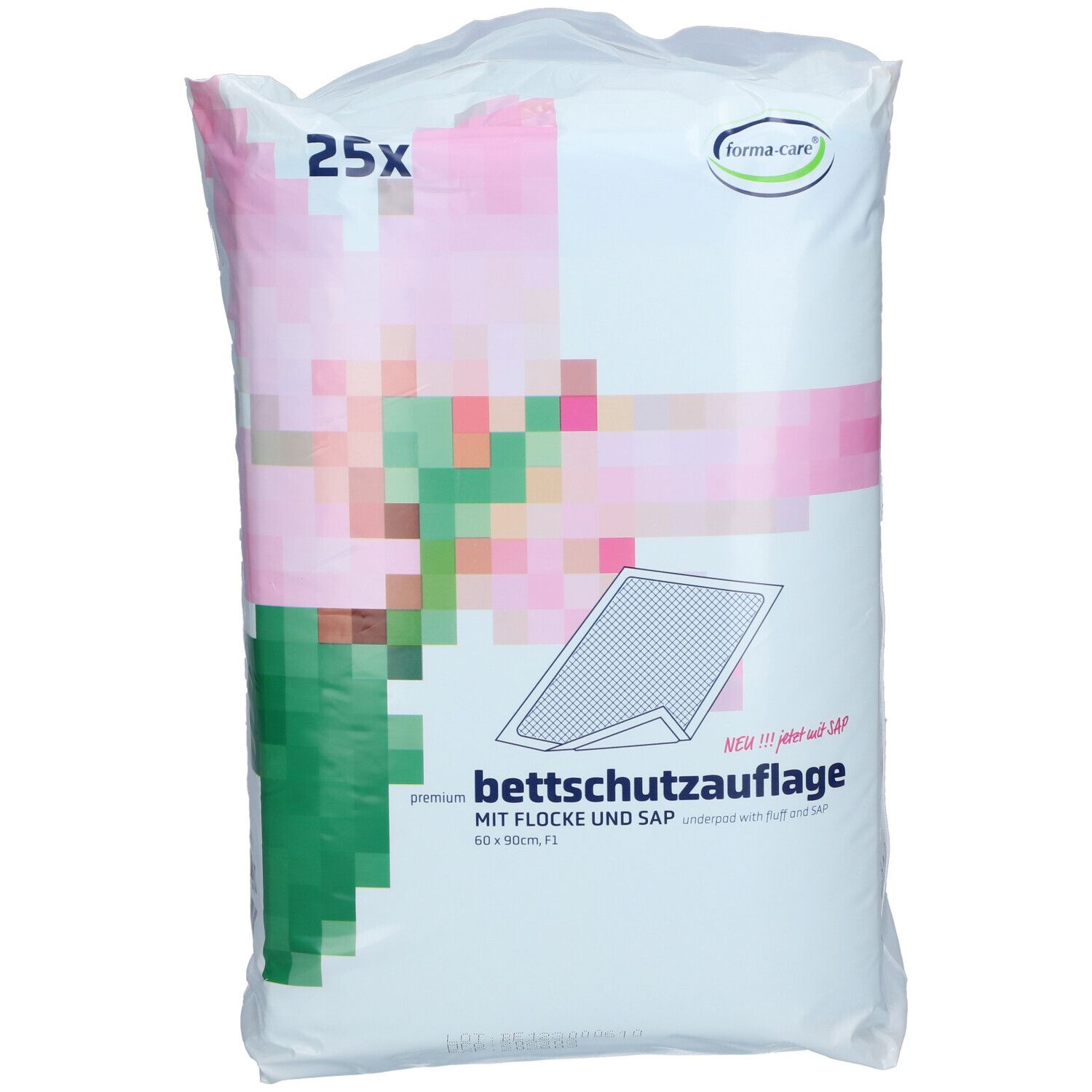 Verpakking met bedbeschermers. Opschrift: 25x, forma-care logo, bedbeschermer, 60 x 90cm. Roze en groene afbeelding.