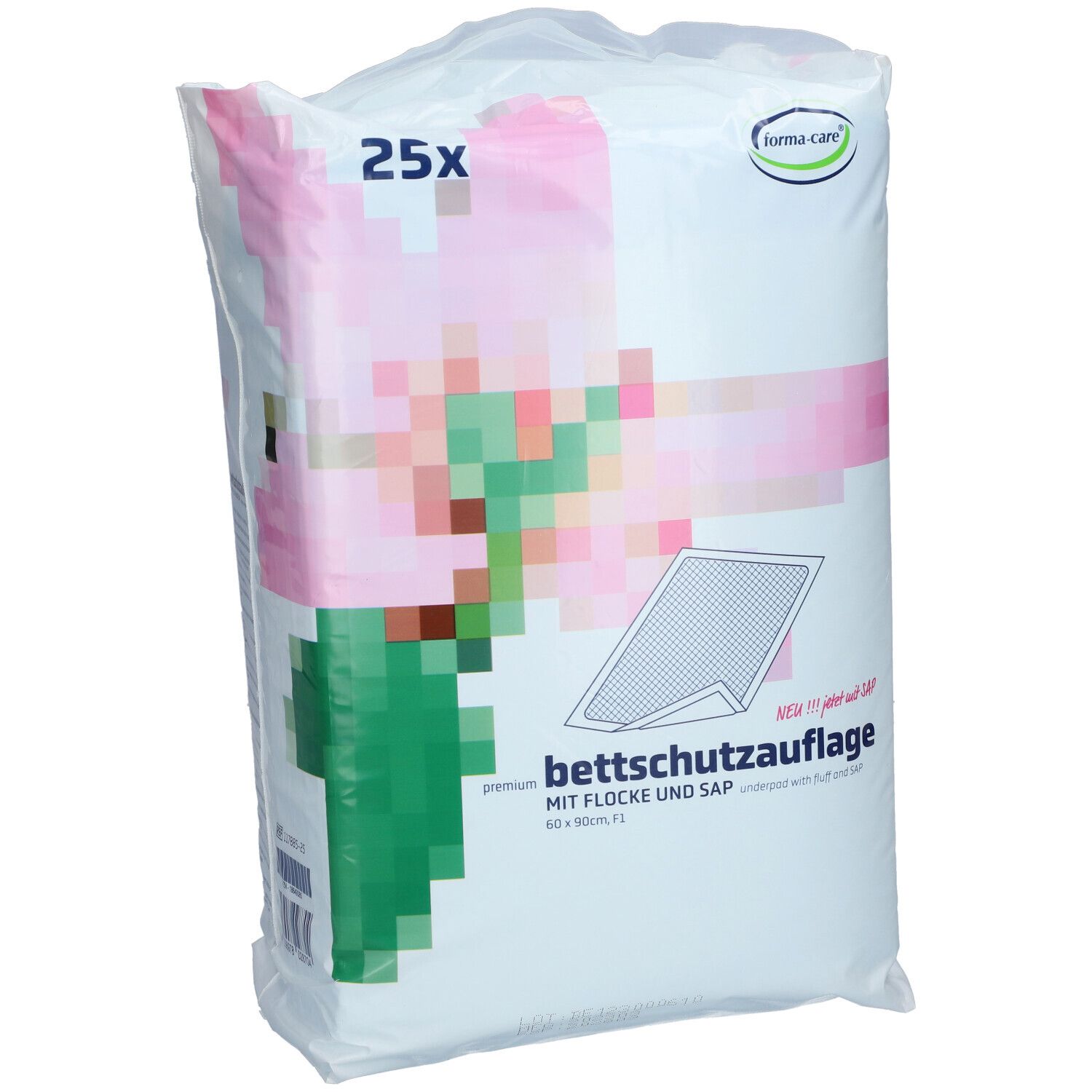 Verpakking met bedbeschermers. Opschrift: 25x, forma-care logo, bedbeschermer, 60 x 90cm. Roze en groene afbeelding.