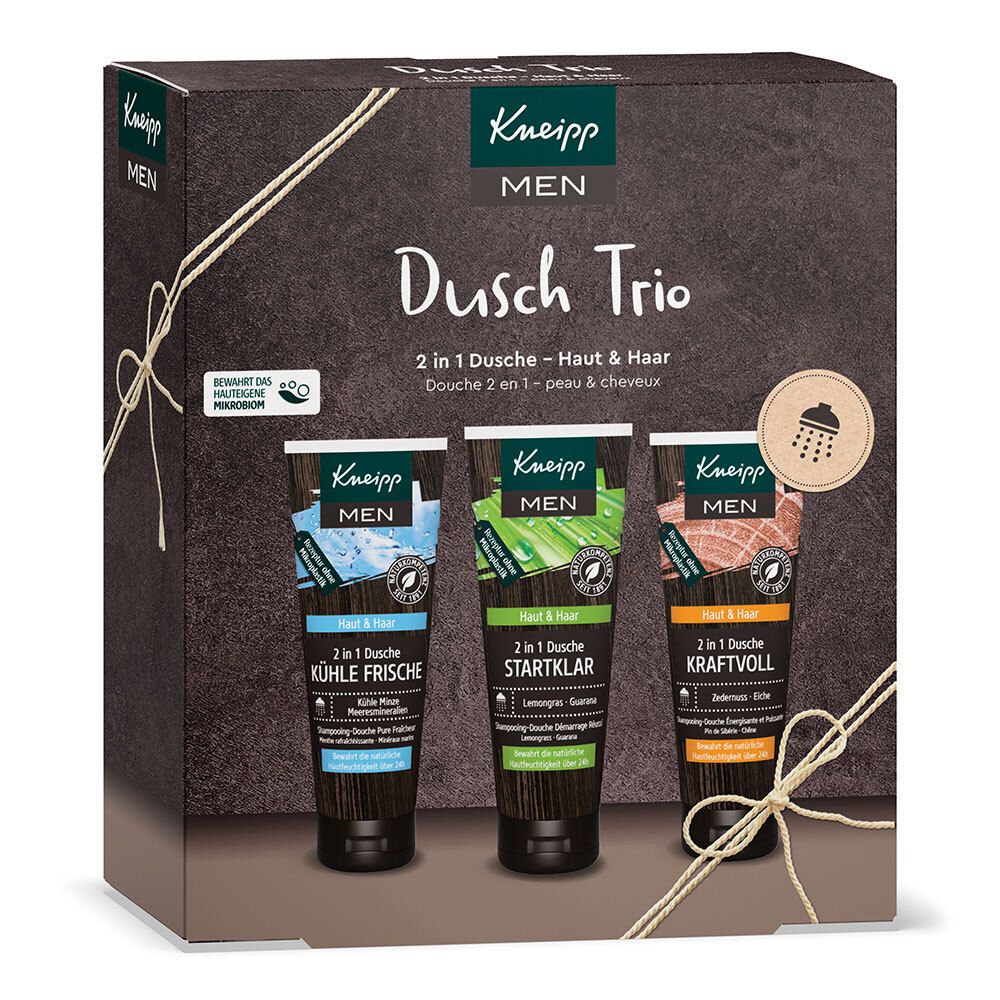 Kneipp® MEN Dusch Trio. Cadeaudoos met drie douchegel tubes. Blauwe, groene en bruine tubes. Tekst: 2 in 1 Douches - huid & haar.
