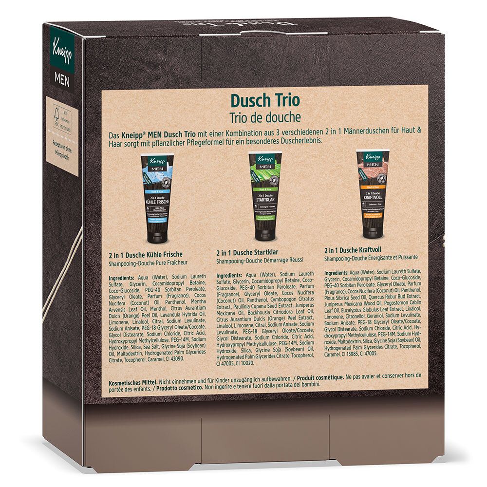 Achterkant van de Kneipp® MEN Dusch Trio geschenkverpakking. Tekst met ingrediënten en productinformatie. Drie tubes douchegel afgebeeld.