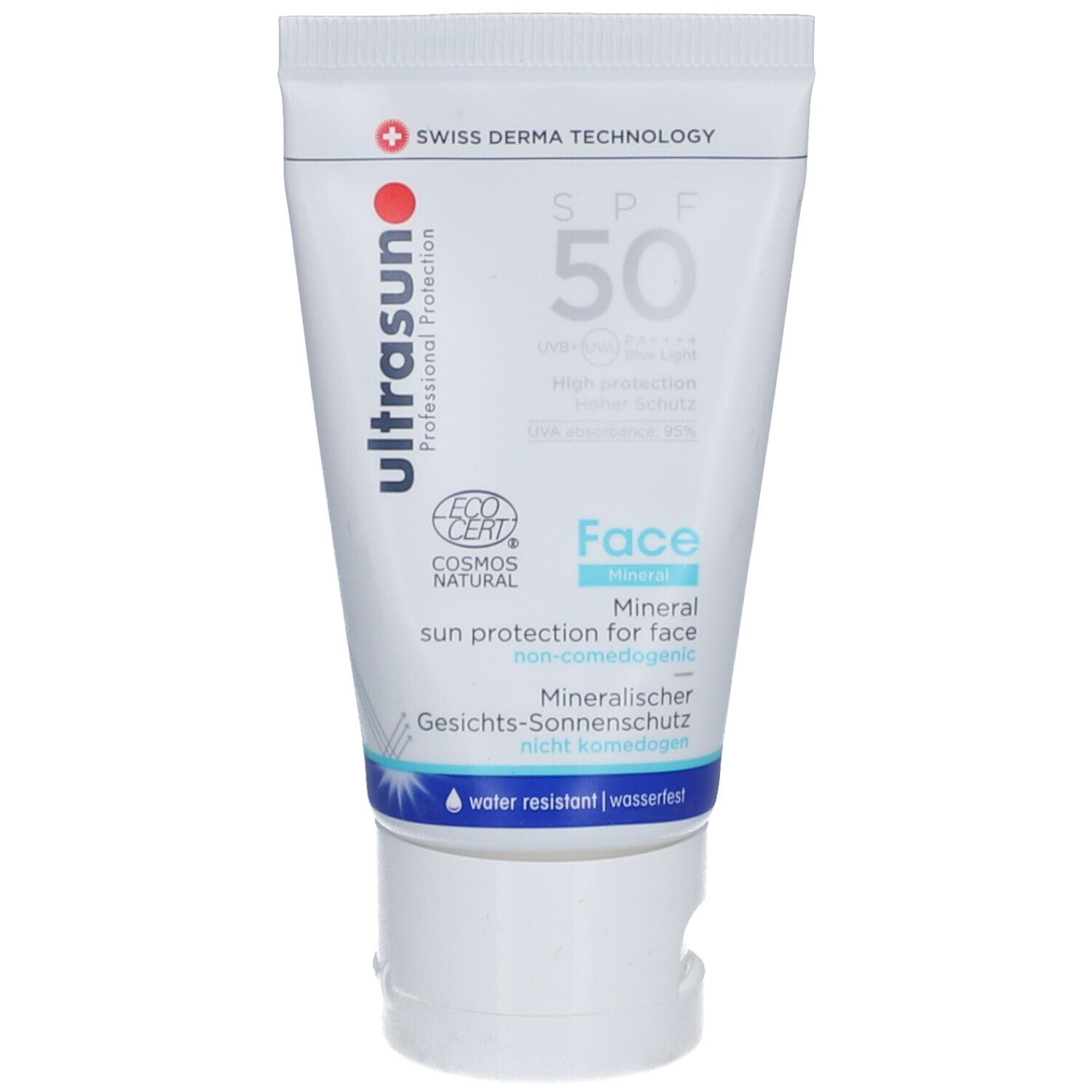 Witte tube met blauwe en rode tekst. Bevat zonnebrandcrème voor het gezicht, SPF 50. Met COSMOS NATURAL certificering.